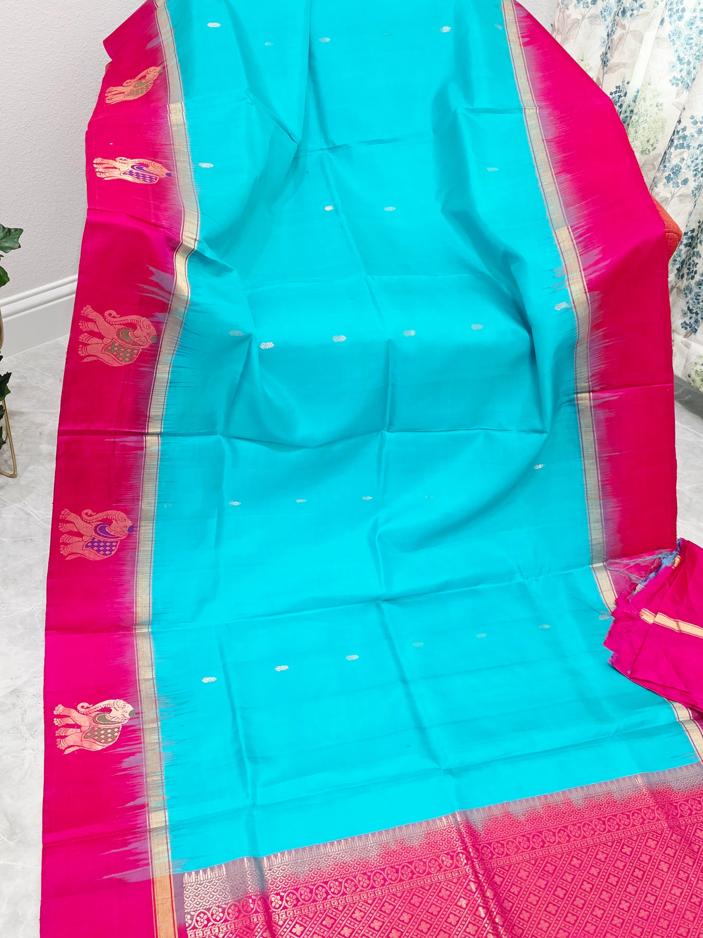 Aqua Turquoise & Rani Pink Pure Kanchi Soft Silk Saree with Elephant Butta Border