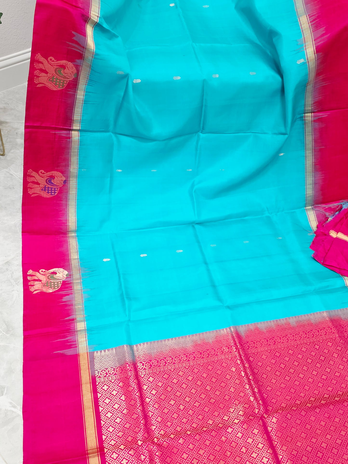 Aqua Turquoise & Rani Pink Pure Kanchi Soft Silk Saree with Elephant Butta Border