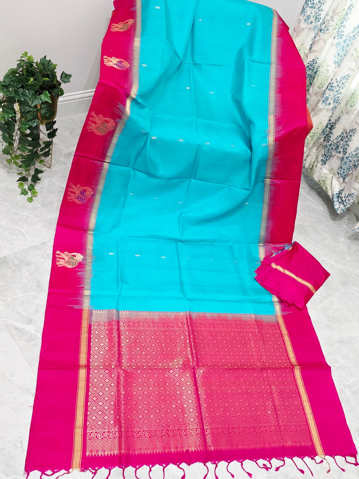 Aqua Turquoise & Rani Pink Pure Kanchi Soft Silk Saree with Elephant Butta Border