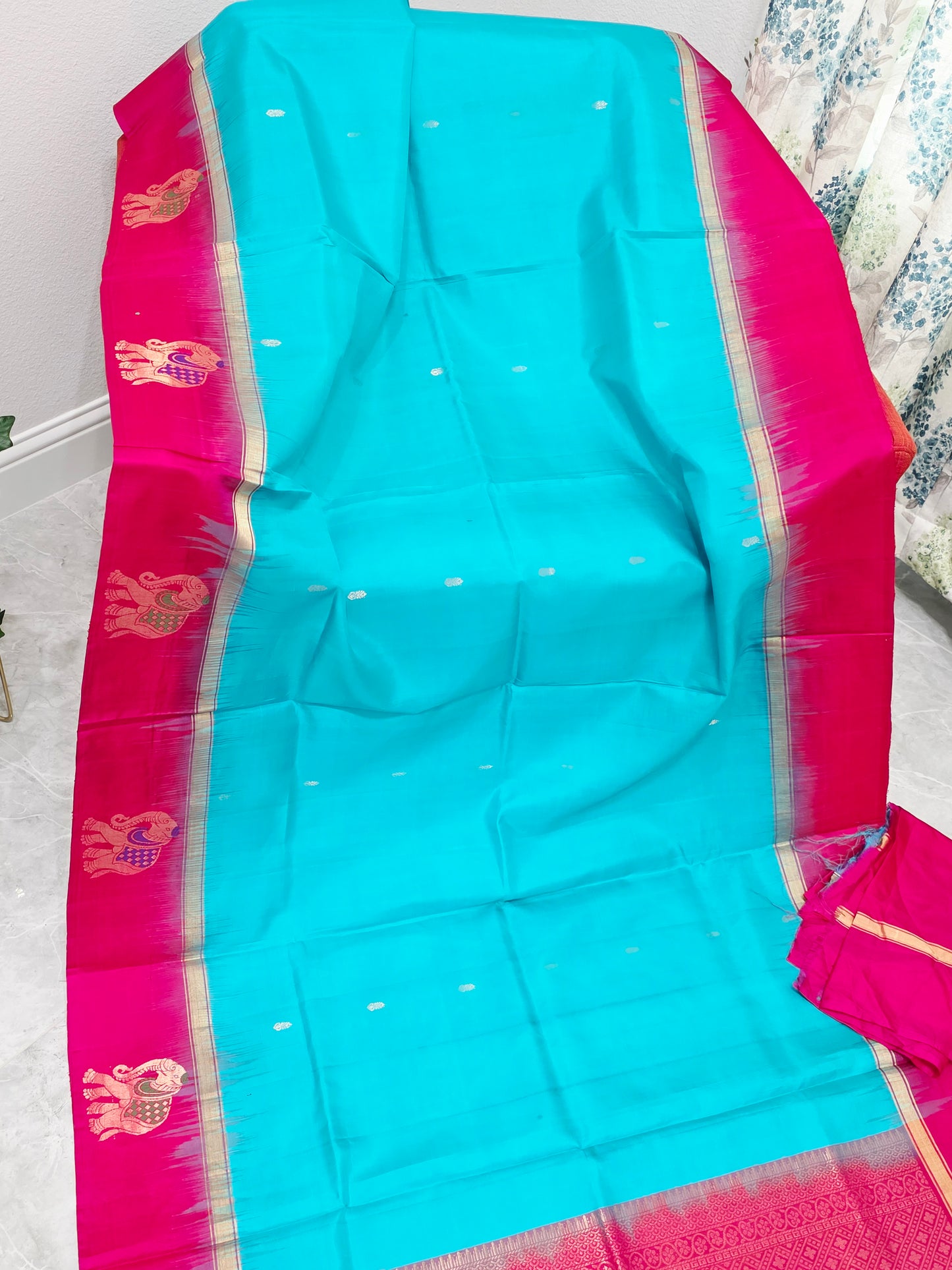 Aqua Turquoise & Rani Pink Pure Kanchi Soft Silk Saree with Elephant Butta Border