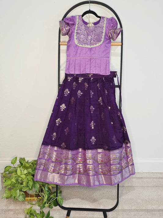Royal Purple & Lavender Benarasi Silk Lehenga Crop Top Set for Girls