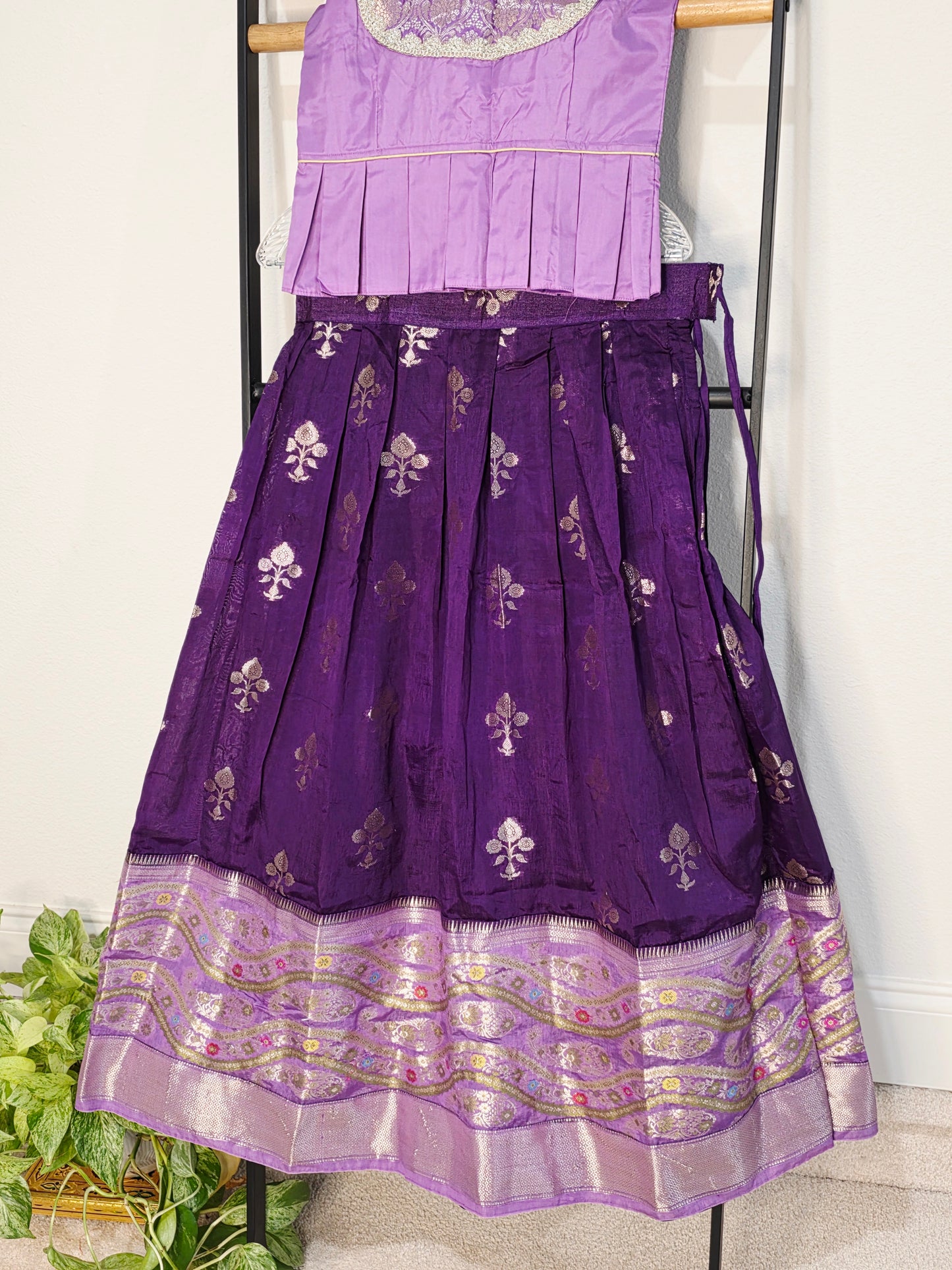 Royal Purple & Lavender Benarasi Silk Lehenga Crop Top Set for Girls