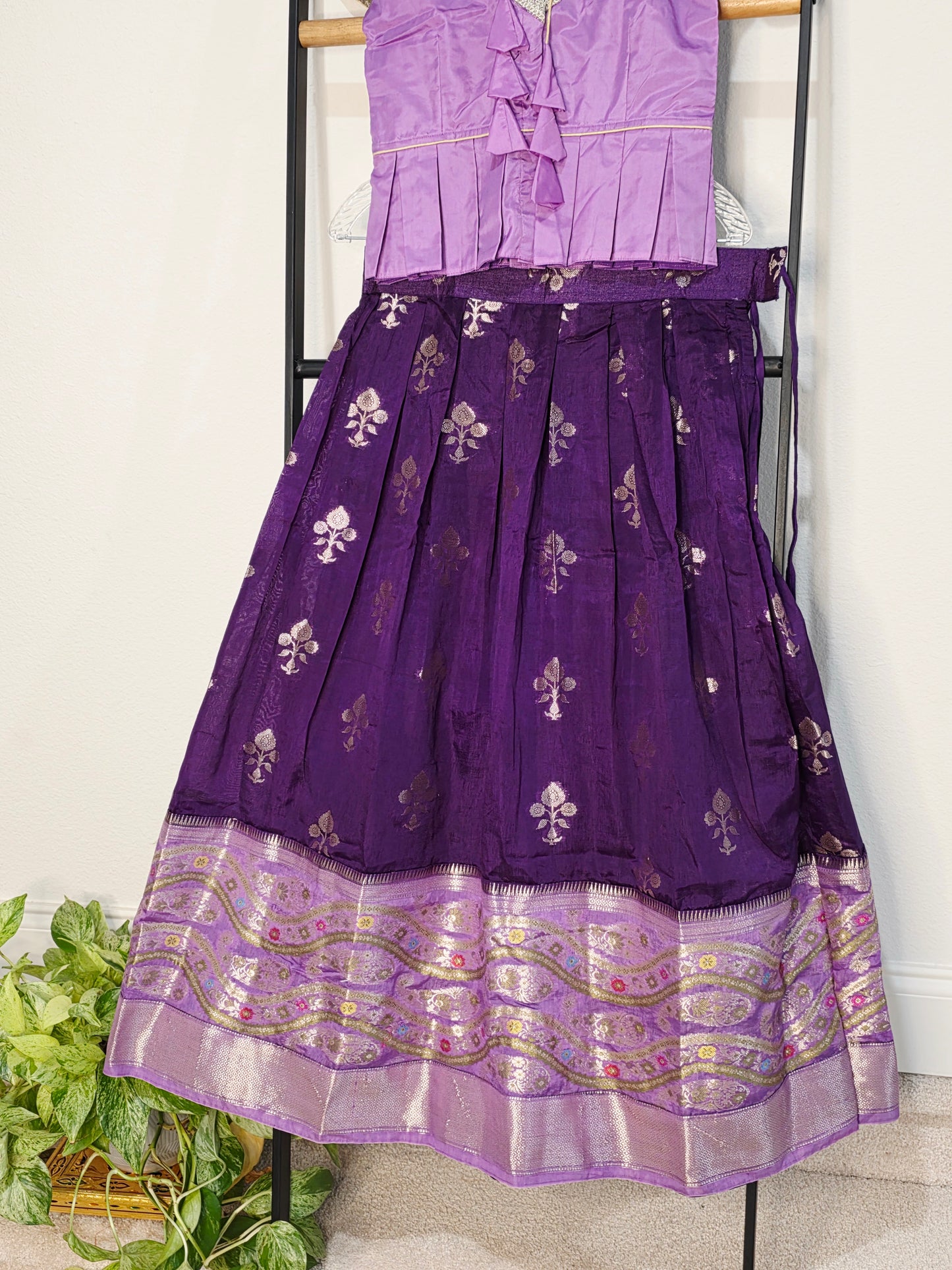 Royal Purple & Lavender Benarasi Silk Lehenga Crop Top Set for Girls