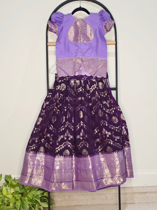 Royal Purple & Lavender Benarasi Silk Lehenga Crop Top Set for Girls