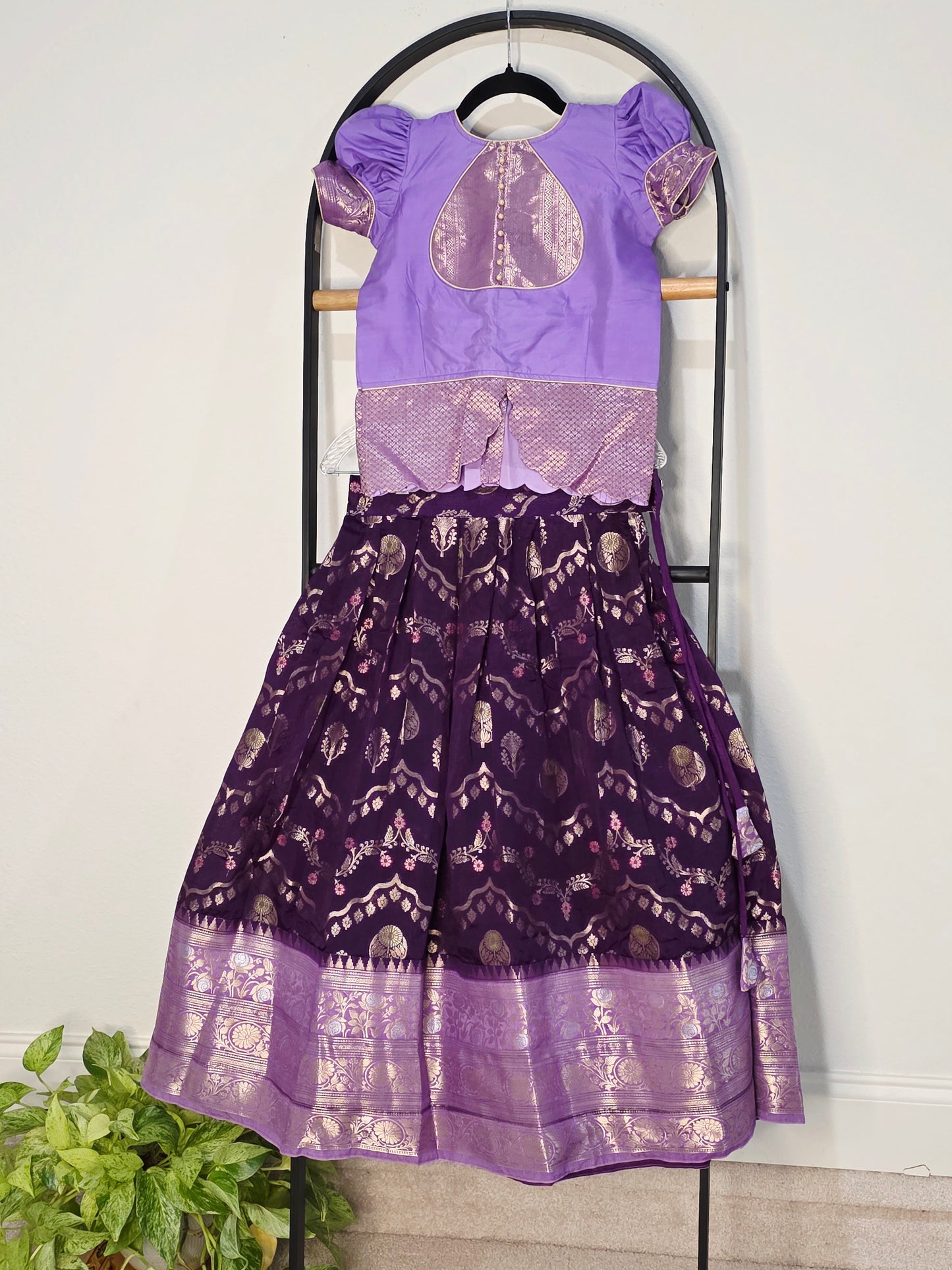 Royal Purple & Lavender Benarasi Silk Lehenga Crop Top Set for Girls