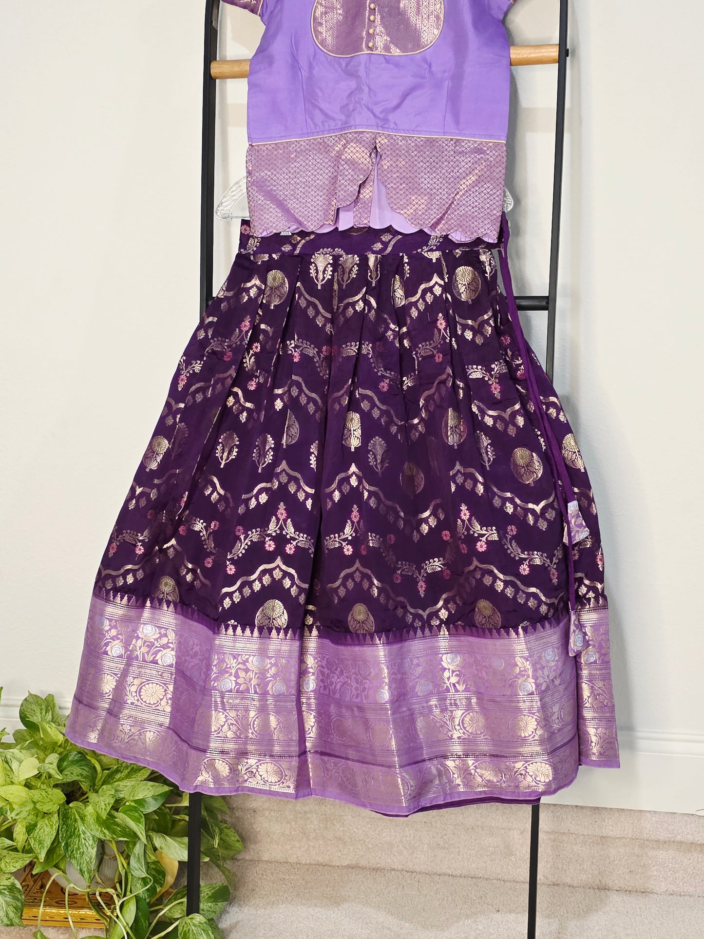 Royal Purple & Lavender Benarasi Silk Lehenga Crop Top Set for Girls