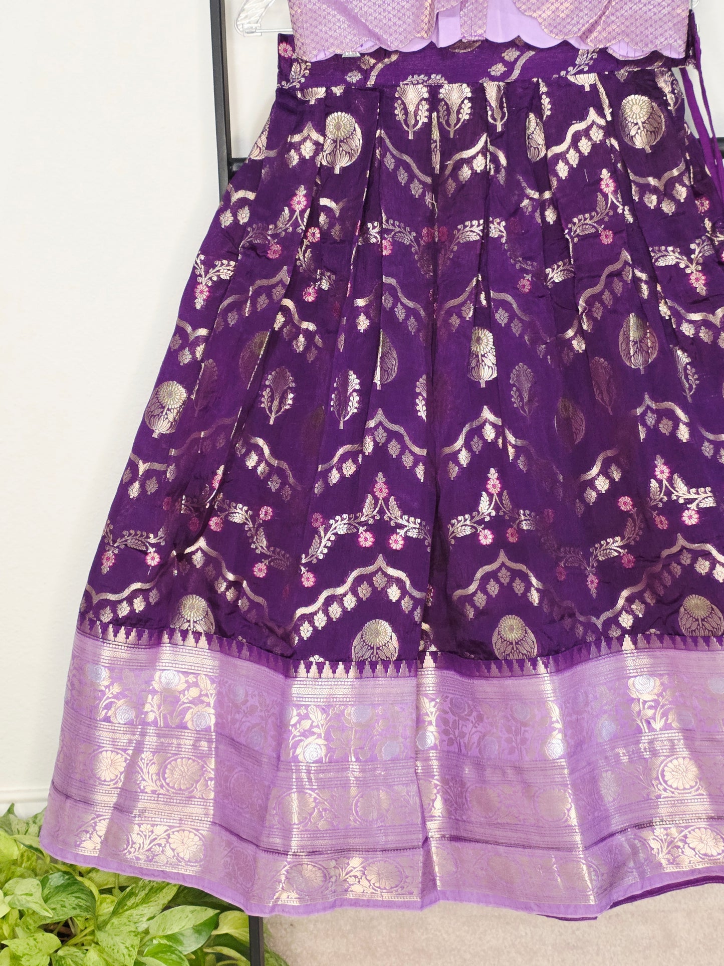Royal Purple & Lavender Benarasi Silk Lehenga Crop Top Set for Girls