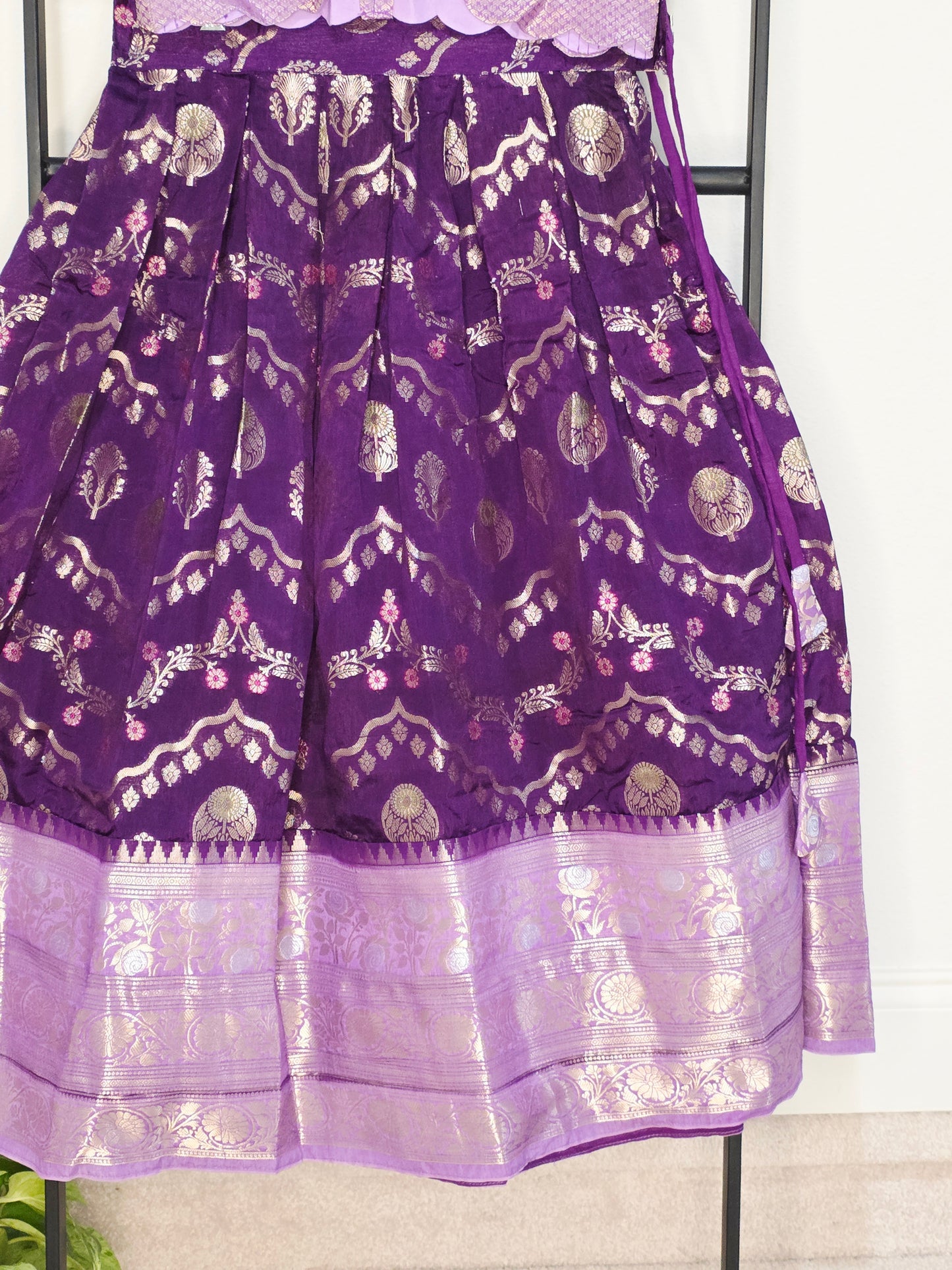 Royal Purple & Lavender Benarasi Silk Lehenga Crop Top Set for Girls
