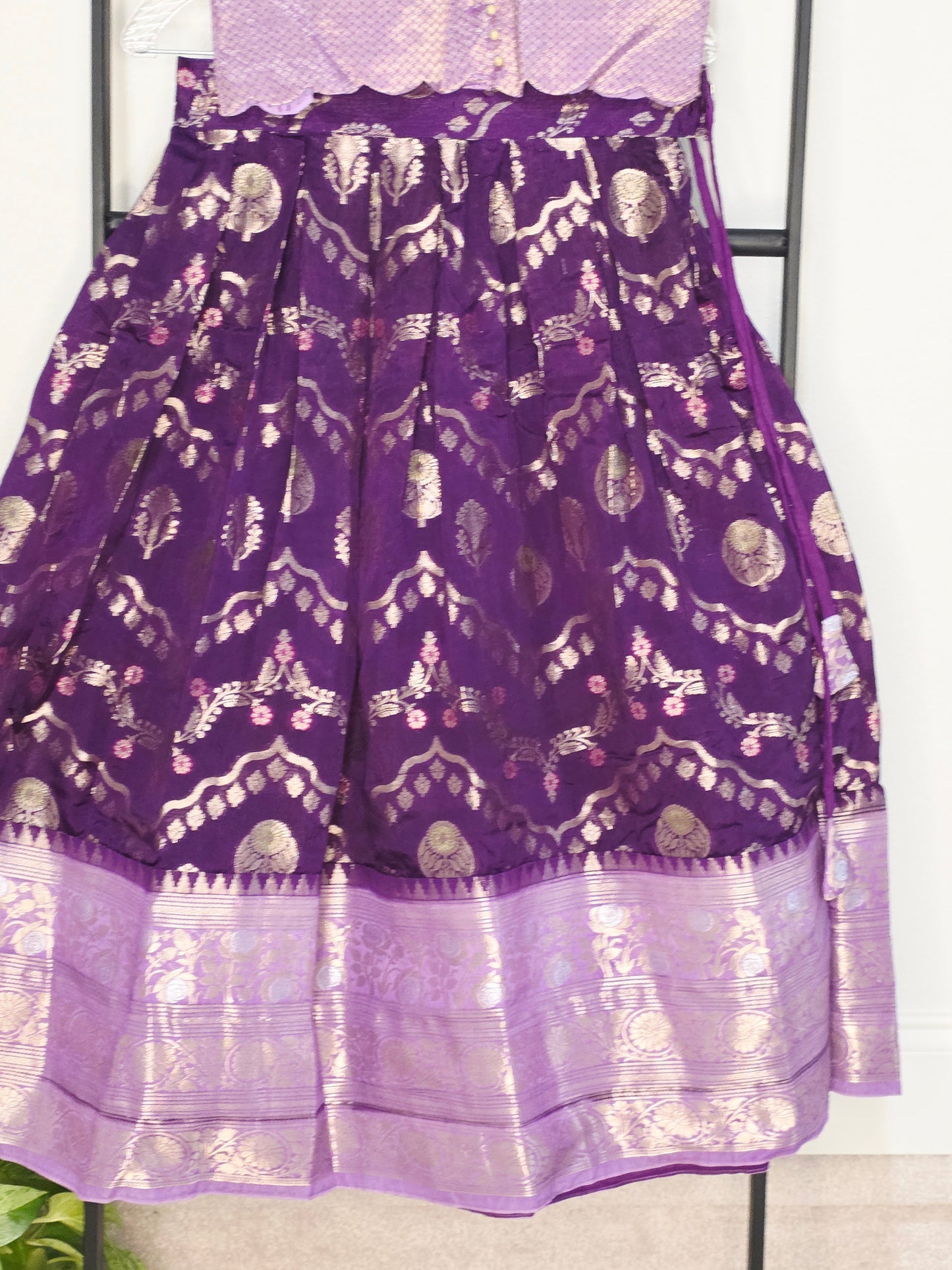Royal Purple & Lavender Benarasi Silk Lehenga Crop Top Set for Girls