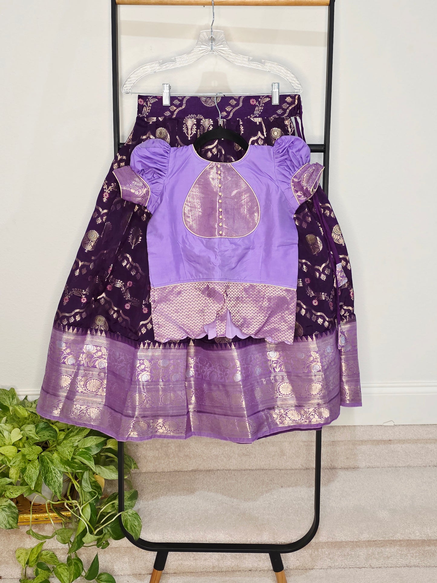 Royal Purple & Lavender Benarasi Silk Lehenga Crop Top Set for Girls