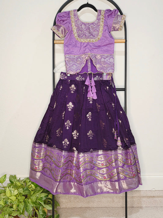 Royal Purple & Lavender Benarasi Silk Lehenga Crop Top Set for Girls