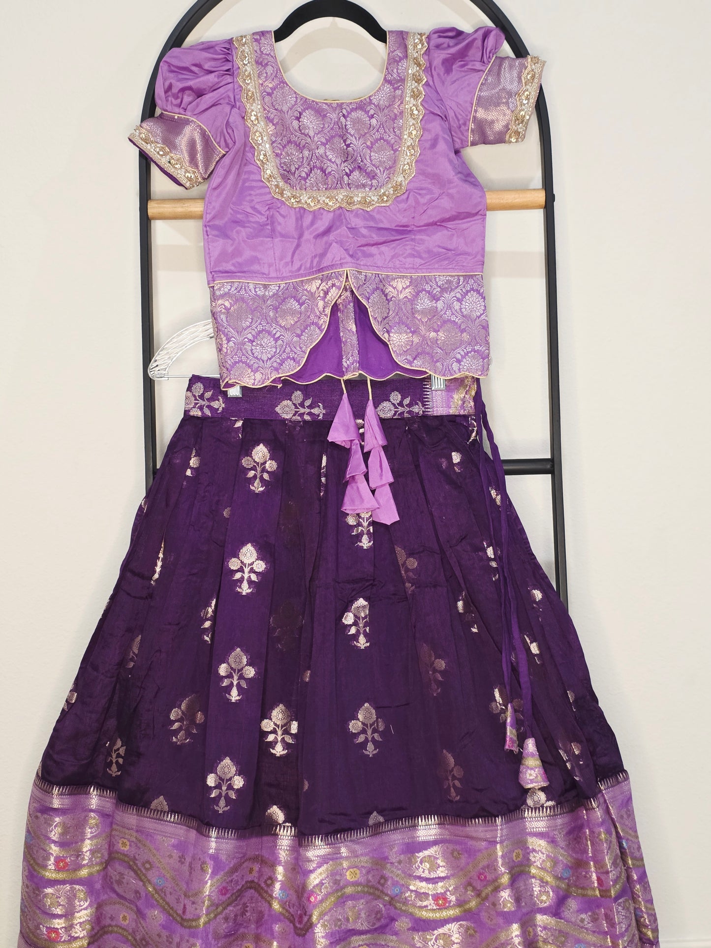 Royal Purple & Lavender Benarasi Silk Lehenga Crop Top Set for Girls
