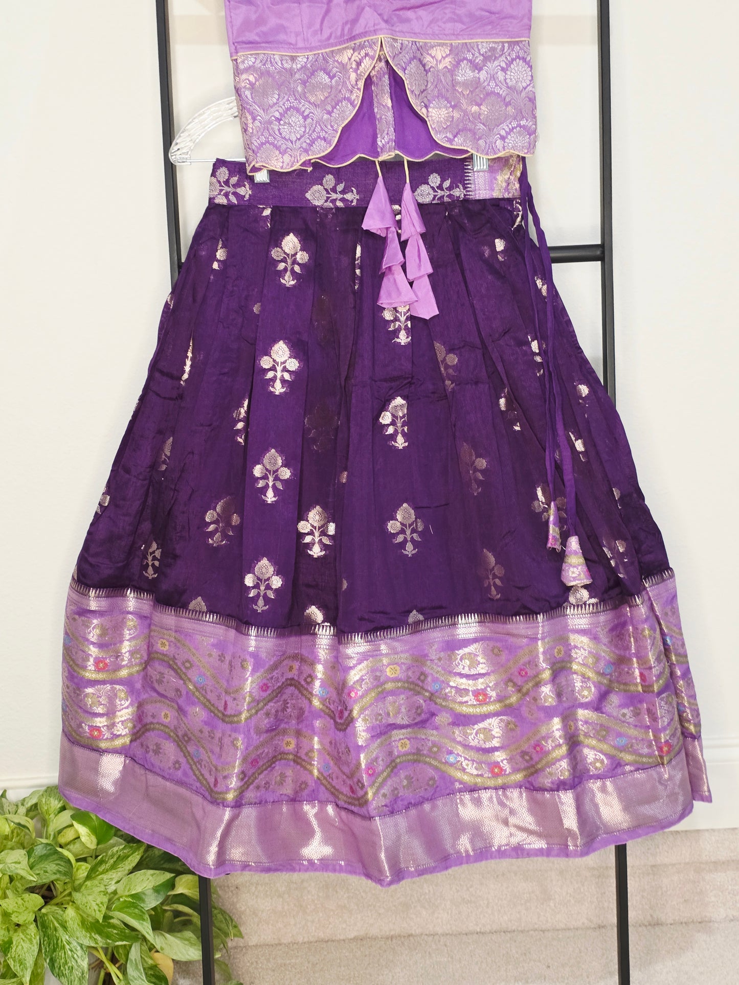 Royal Purple & Lavender Benarasi Silk Lehenga Crop Top Set for Girls