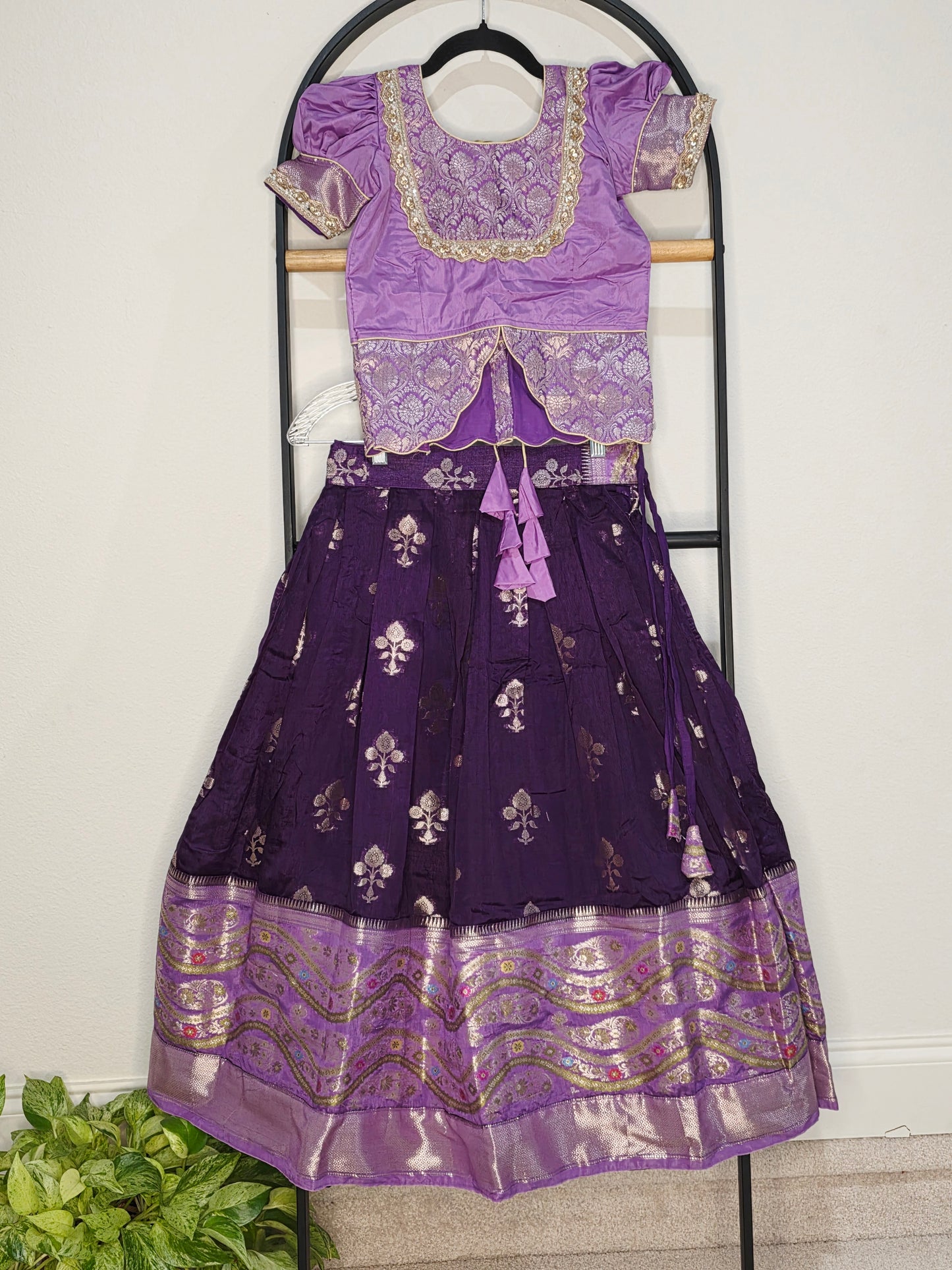 Royal Purple & Lavender Benarasi Silk Lehenga Crop Top Set for Girls