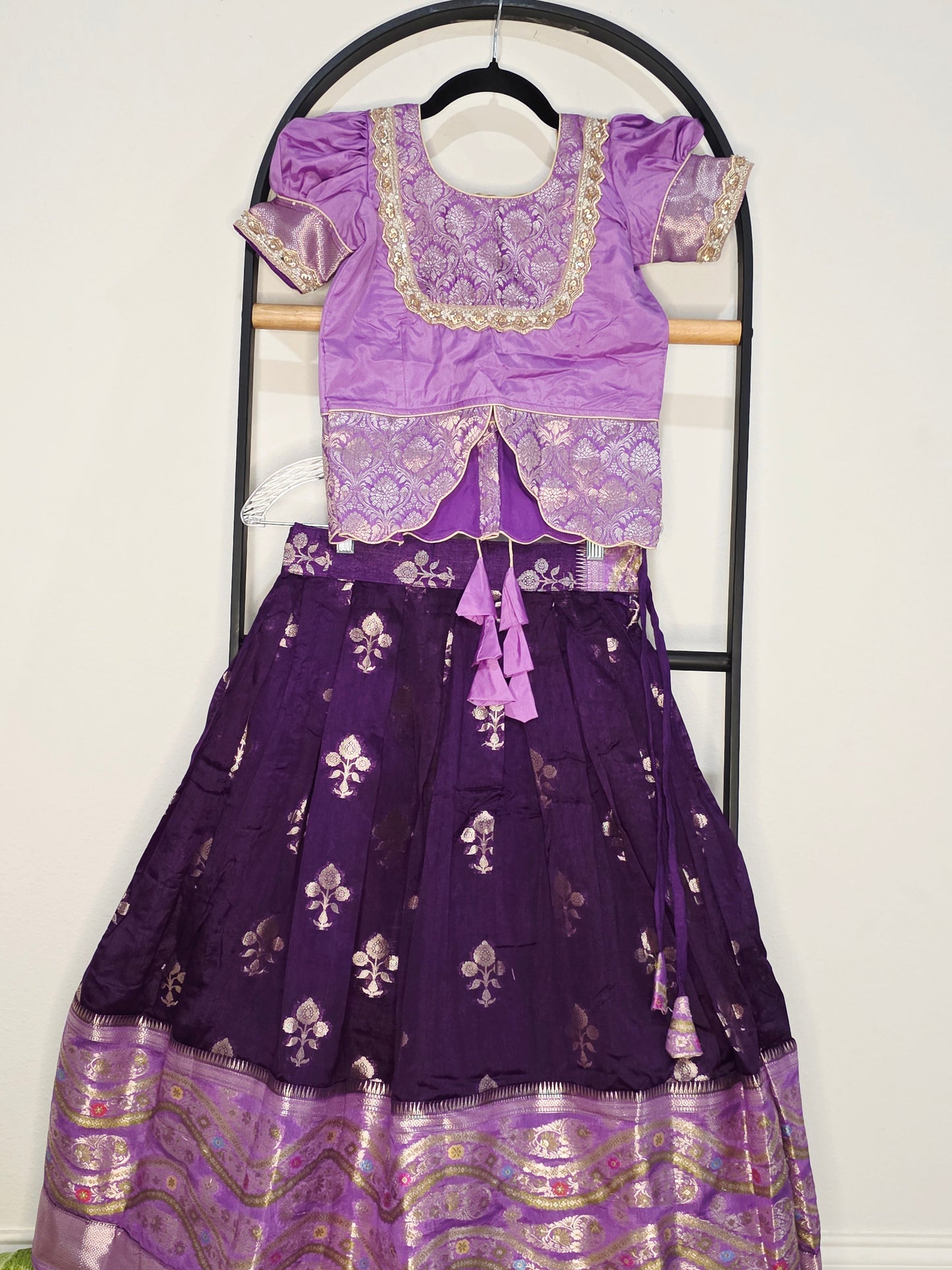 Royal Purple & Lavender Benarasi Silk Lehenga Crop Top Set for Girls