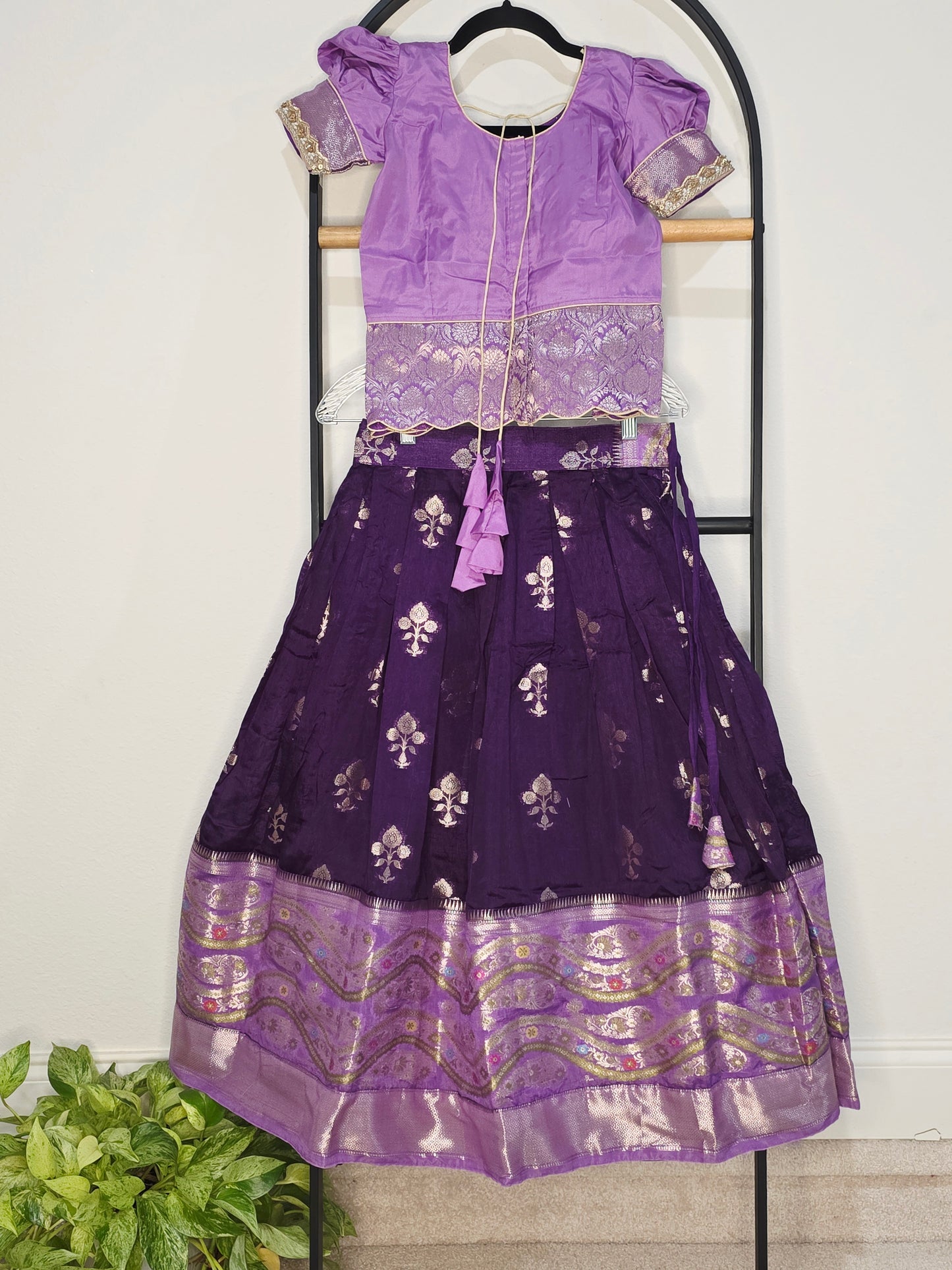 Royal Purple & Lavender Benarasi Silk Lehenga Crop Top Set for Girls