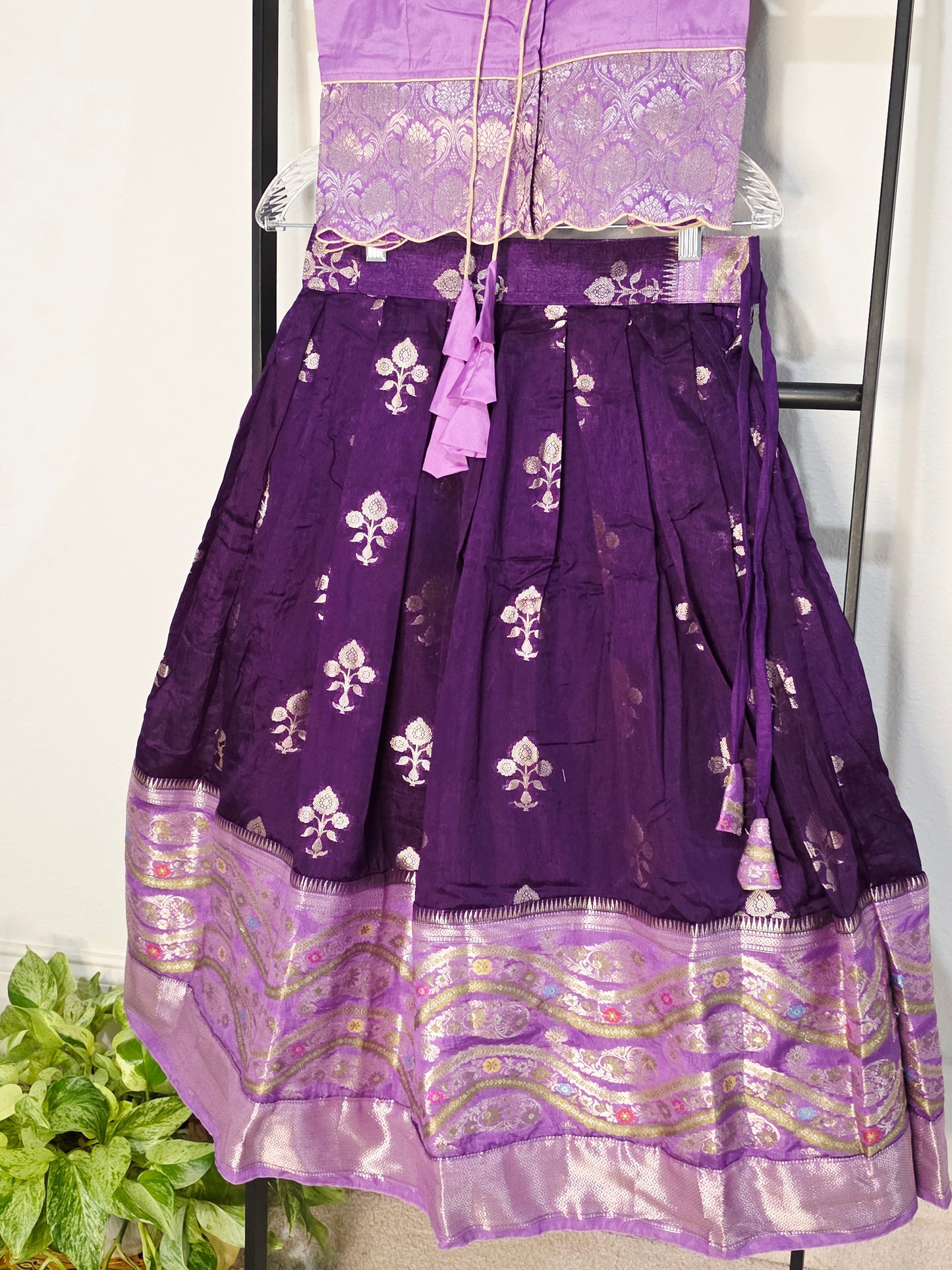 Royal Purple & Lavender Benarasi Silk Lehenga Crop Top Set for Girls