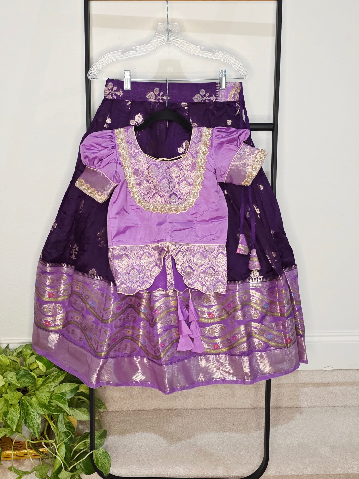 Royal Purple & Lavender Benarasi Silk Lehenga Crop Top Set for Girls