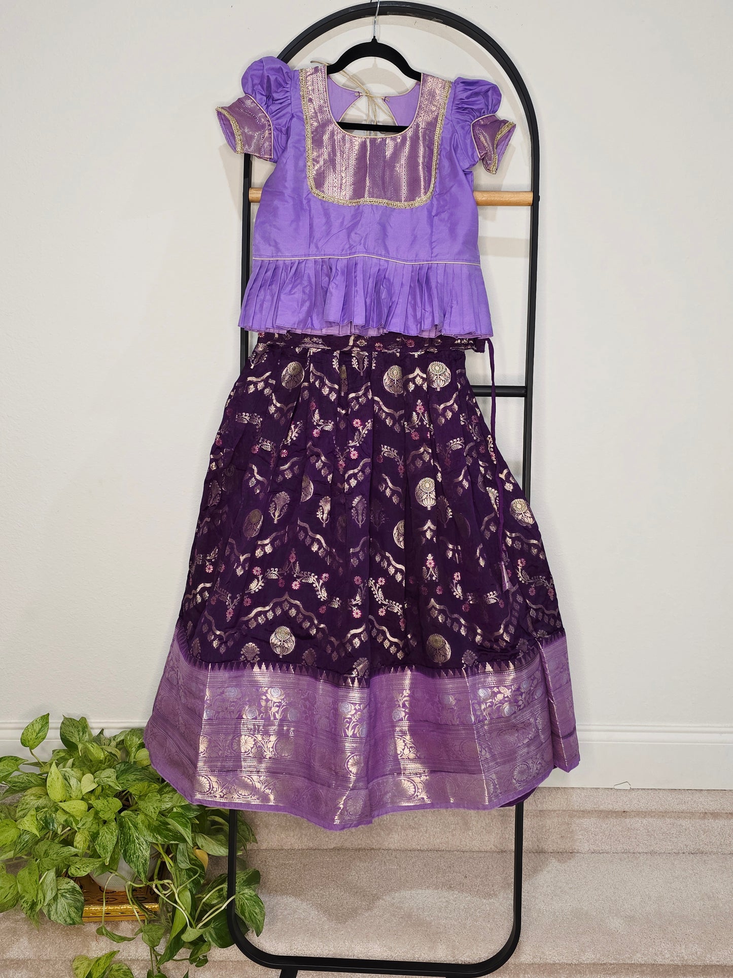 Royal Purple & Lavender Benarasi Silk Lehenga Crop Top Set for Girls