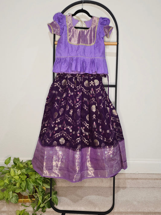 Royal Purple & Lavender Benarasi Silk Lehenga Crop Top Set for Girls