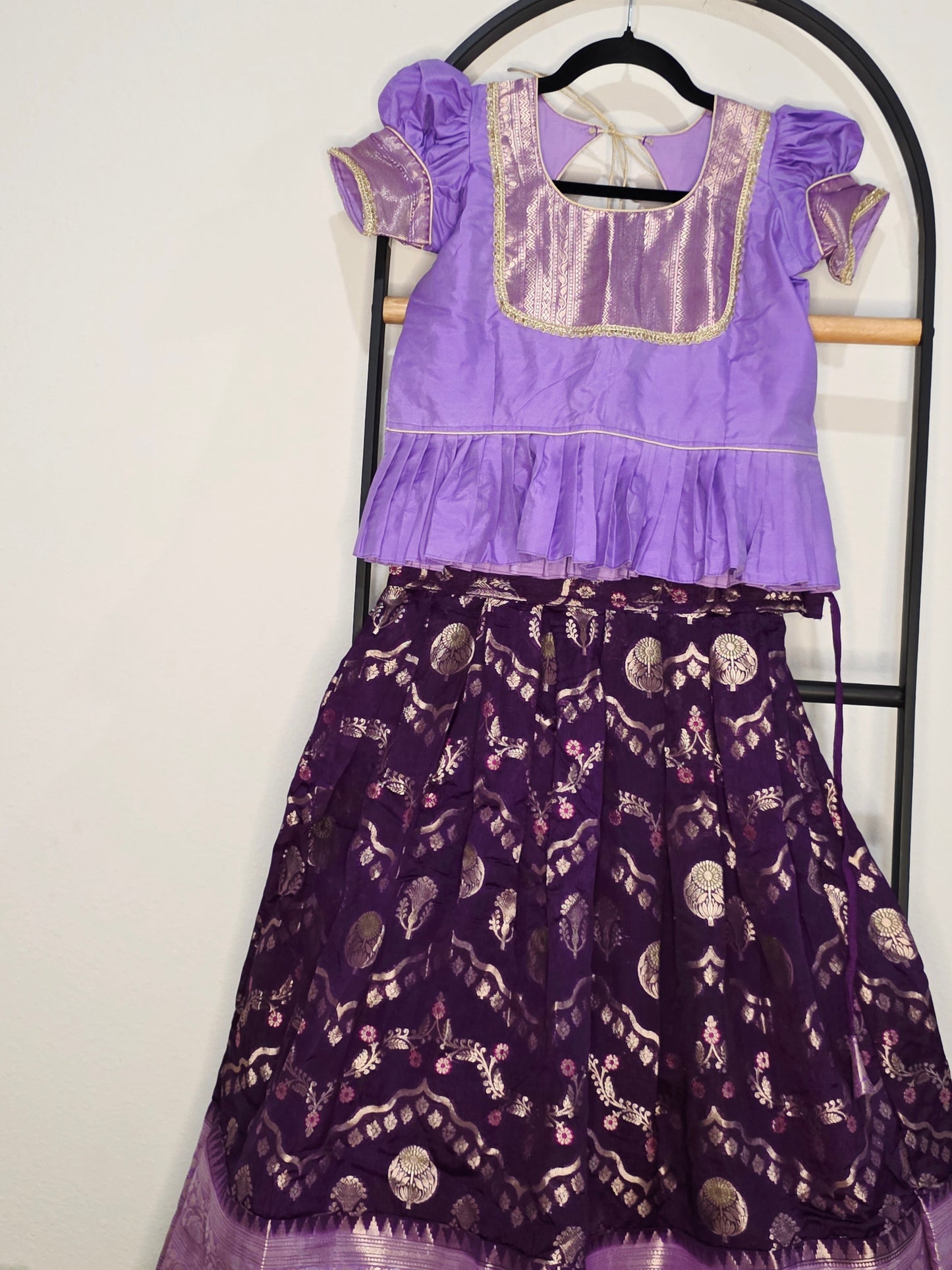 Royal Purple & Lavender Benarasi Silk Lehenga Crop Top Set for Girls