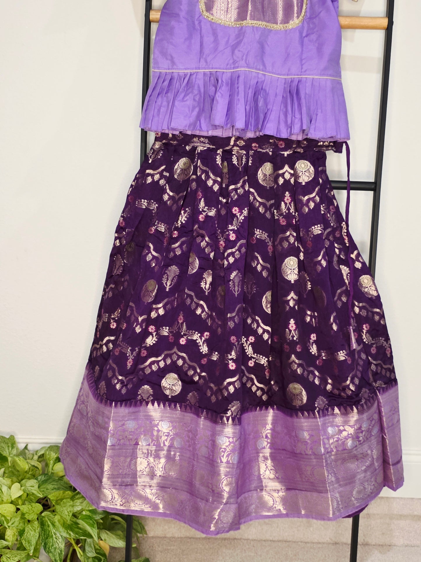 Royal Purple & Lavender Benarasi Silk Lehenga Crop Top Set for Girls