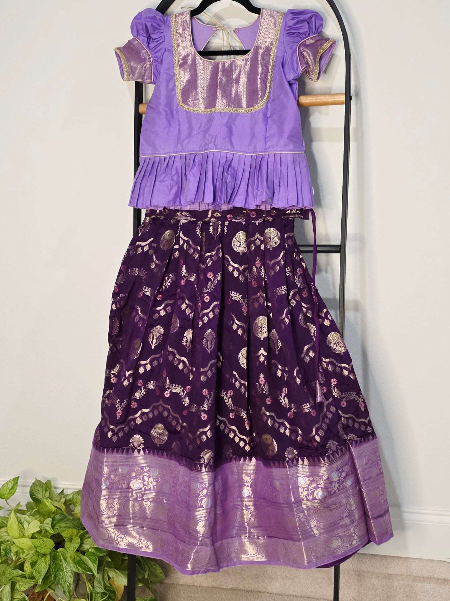 Royal Purple & Lavender Benarasi Silk Lehenga Crop Top Set for Girls