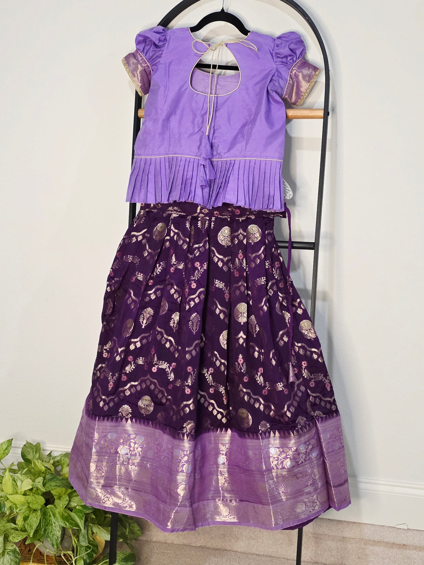 Royal Purple & Lavender Benarasi Silk Lehenga Crop Top Set for Girls