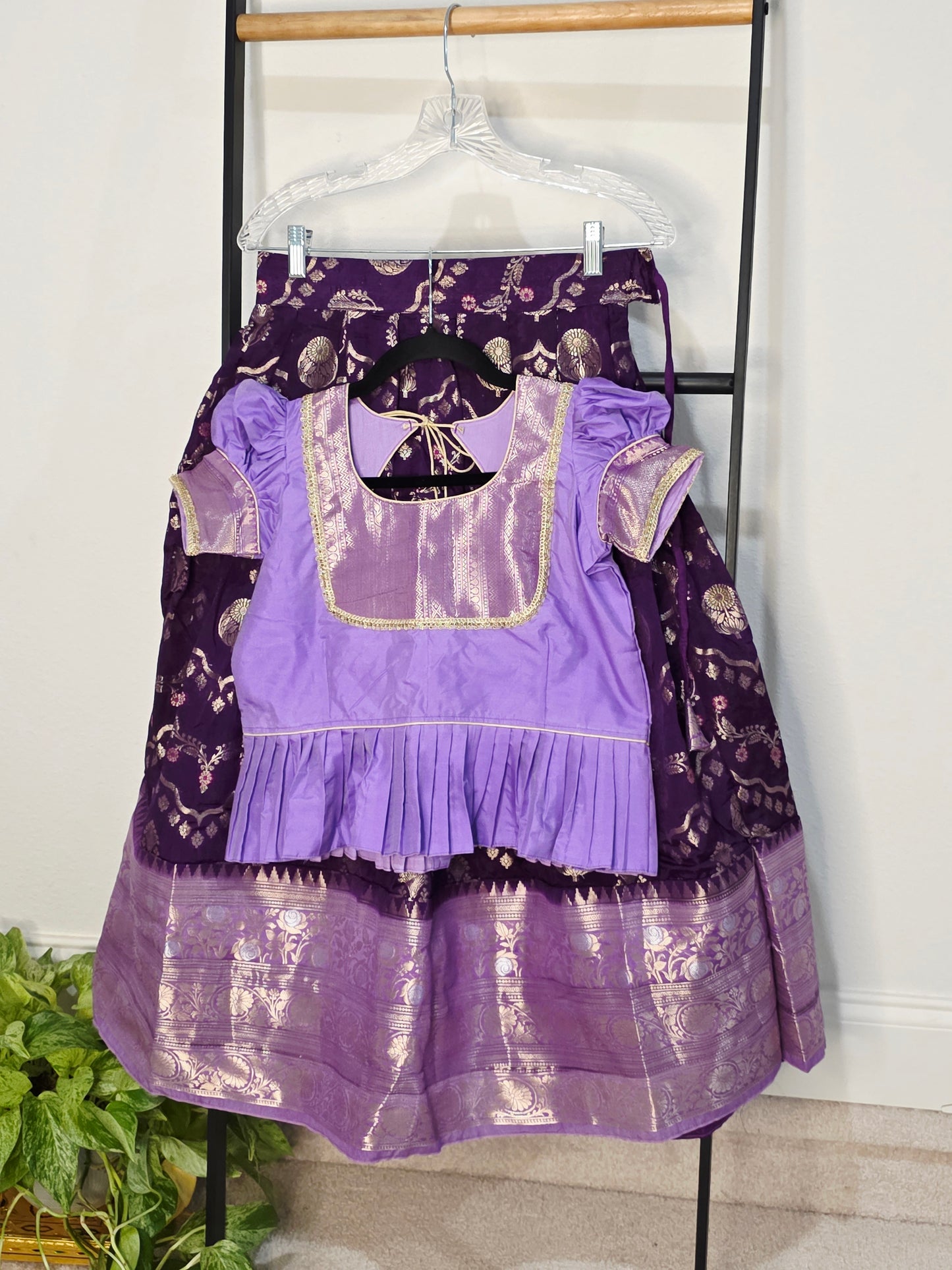 Royal Purple & Lavender Benarasi Silk Lehenga Crop Top Set for Girls