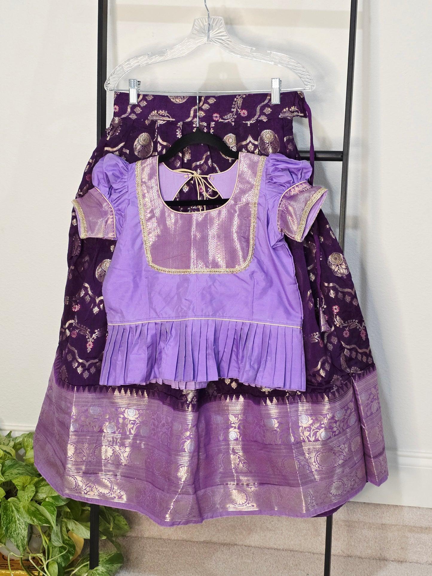 Royal Purple & Lavender Benarasi Silk Lehenga Crop Top Set for Girls
