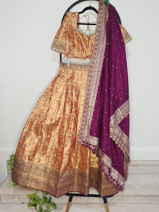 Peach Copper Gold Semi Kanchi Tissue Half Saree Set with Wine Purple Benarasi Cutwork Dupatta
