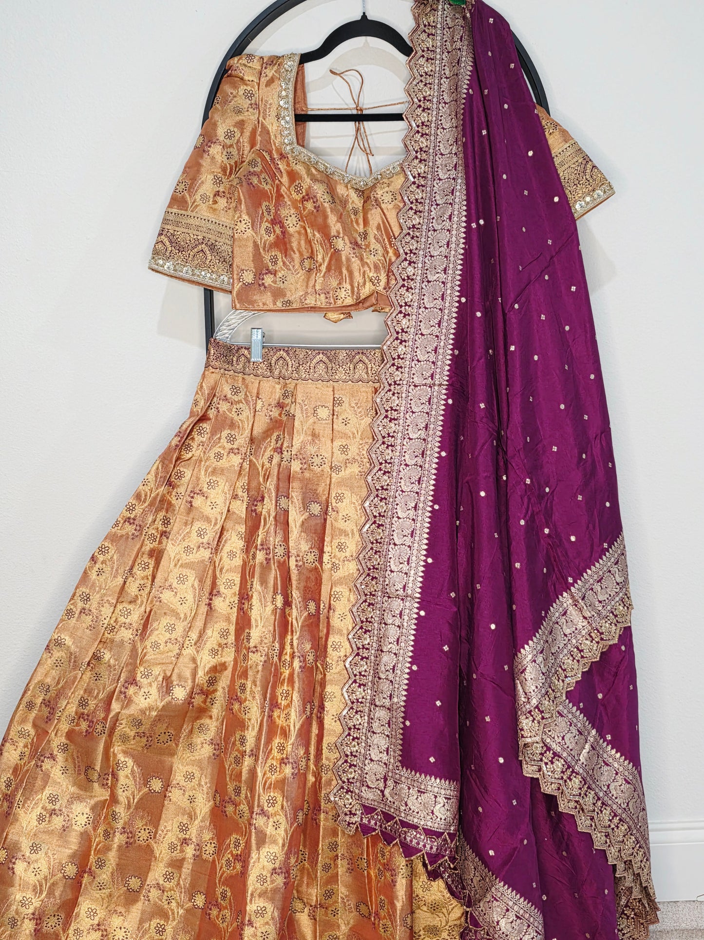 Peach Copper Gold Semi Kanchi Tissue Half Saree Set with Wine Purple Benarasi Cutwork Dupatta