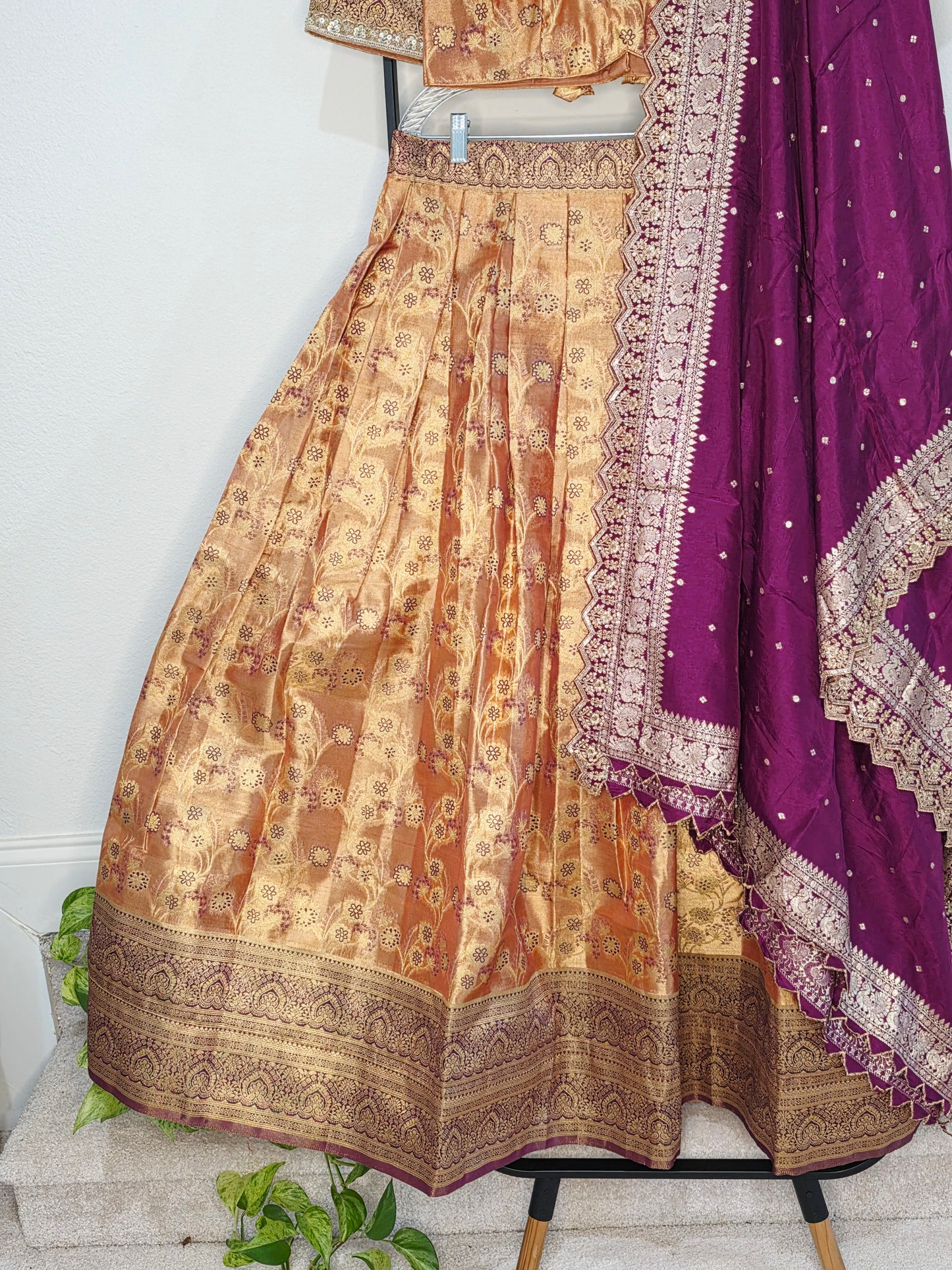 Peach Copper Gold Semi Kanchi Tissue Half Saree Set with Wine Purple Benarasi Cutwork Dupatta