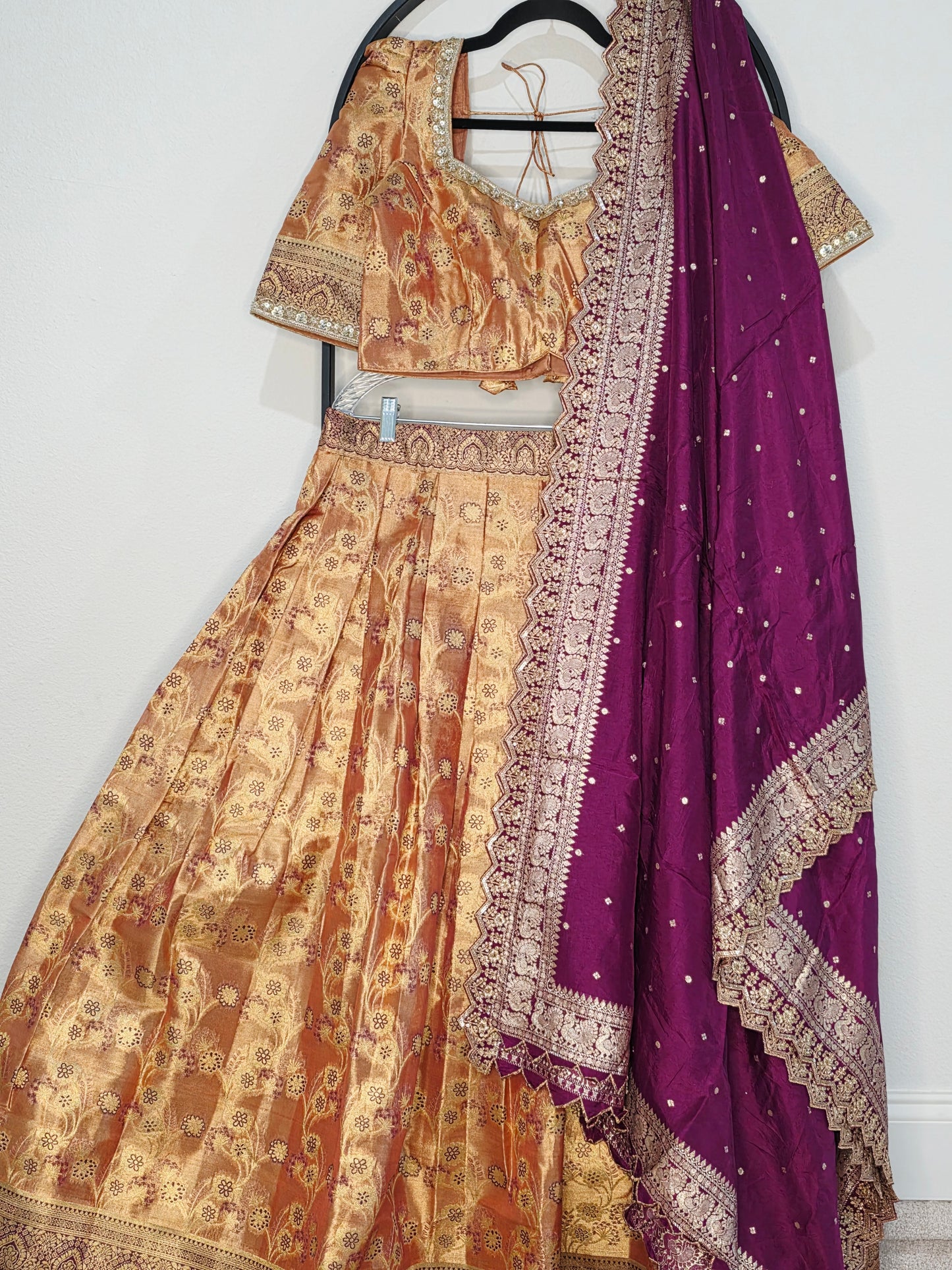 Peach Copper Gold Semi Kanchi Tissue Half Saree Set with Wine Purple Benarasi Cutwork Dupatta