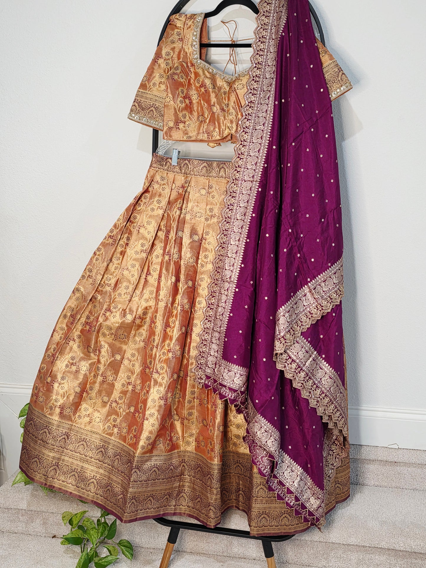 Peach Copper Gold Semi Kanchi Tissue Half Saree Set with Wine Purple Benarasi Cutwork Dupatta