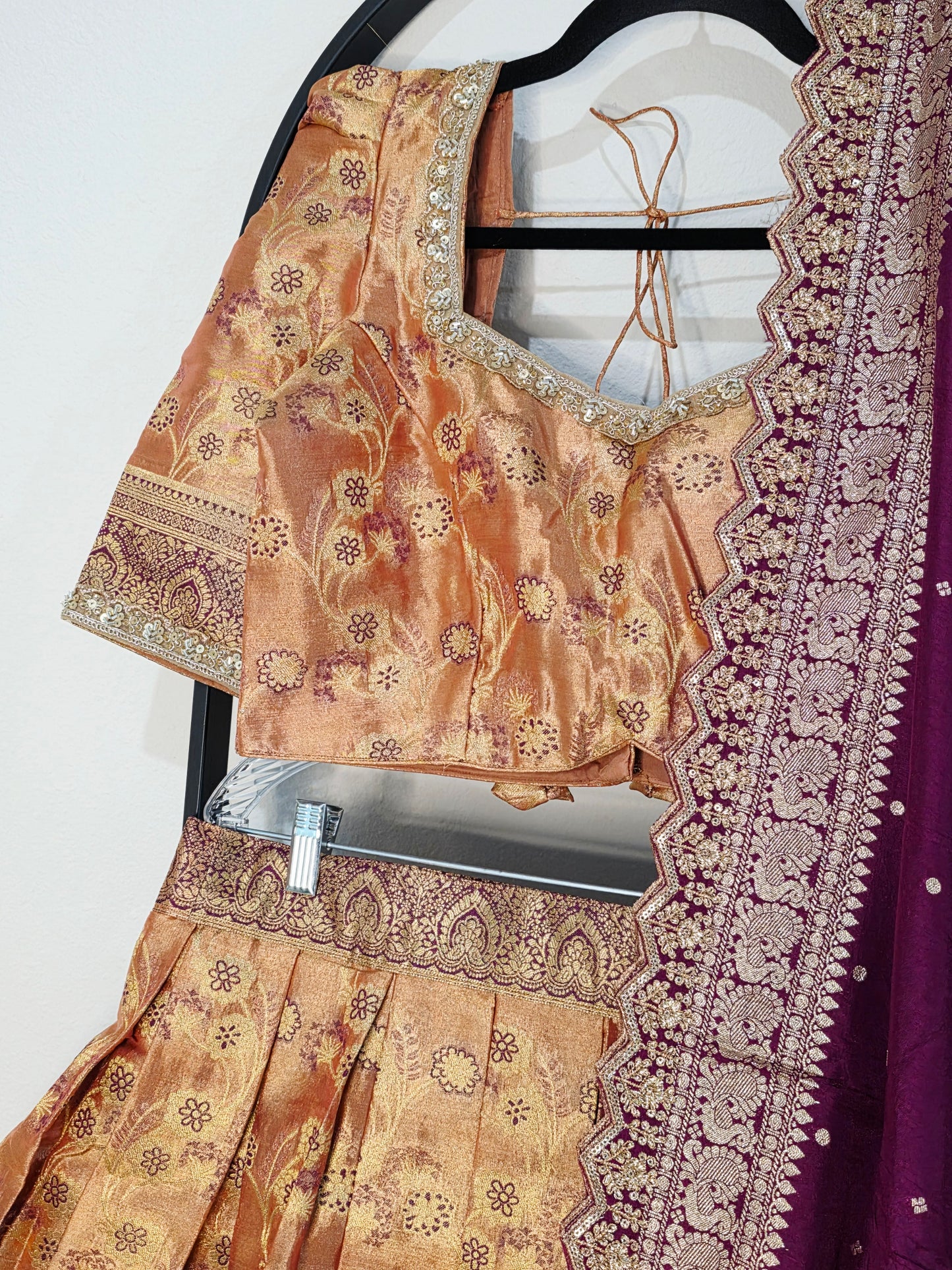 Peach Copper Gold Semi Kanchi Tissue Half Saree Set with Wine Purple Benarasi Cutwork Dupatta