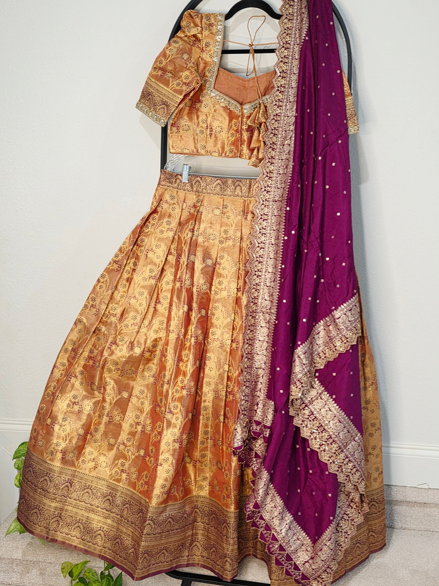 Peach Copper Gold Semi Kanchi Tissue Half Saree Set with Wine Purple Benarasi Cutwork Dupatta