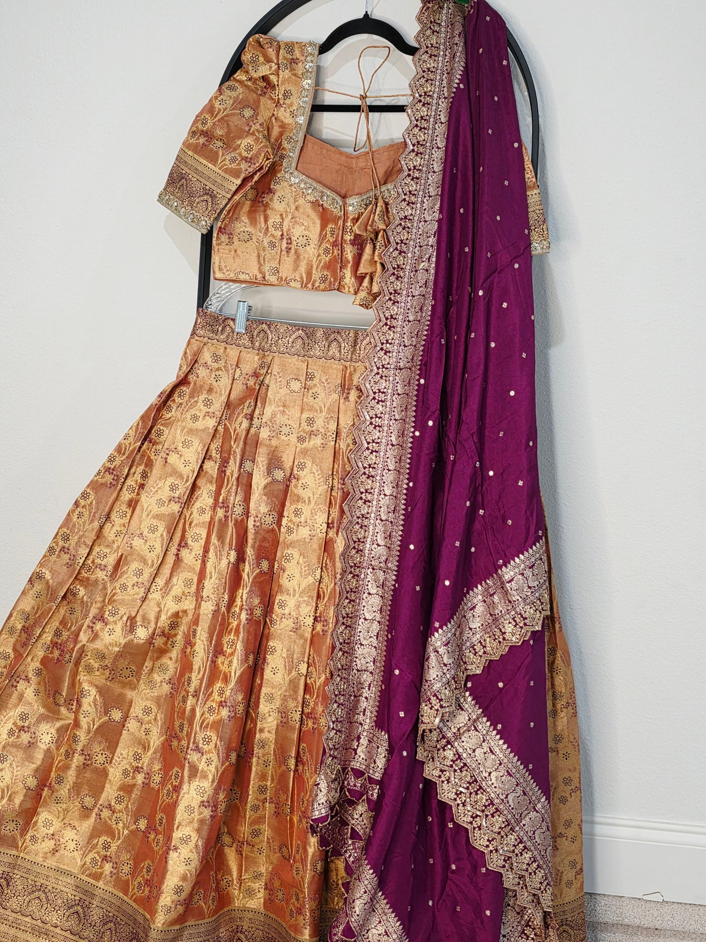 Peach Copper Gold Semi Kanchi Tissue Half Saree Set with Wine Purple Benarasi Cutwork Dupatta