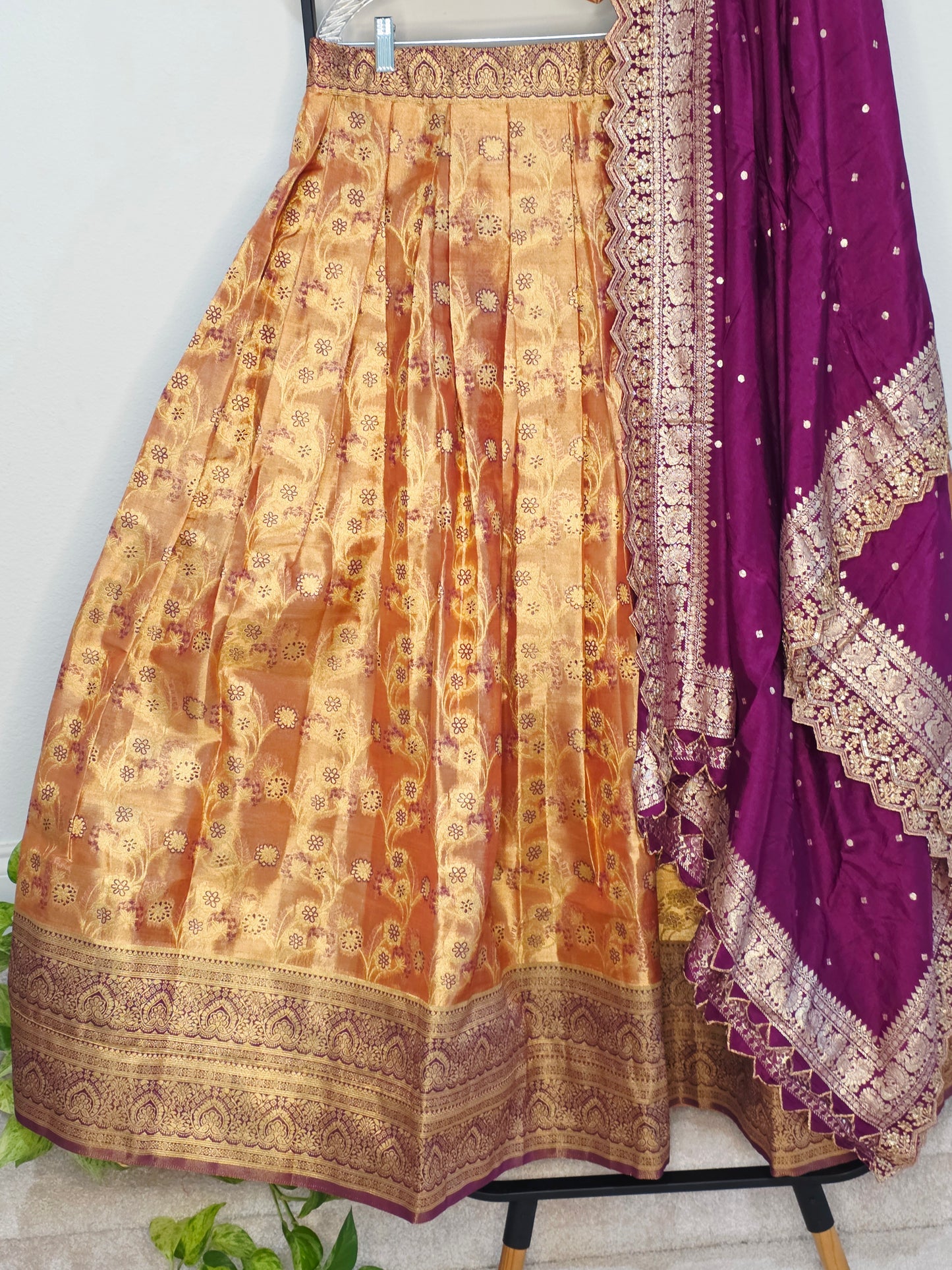 Peach Copper Gold Semi Kanchi Tissue Half Saree Set with Wine Purple Benarasi Cutwork Dupatta