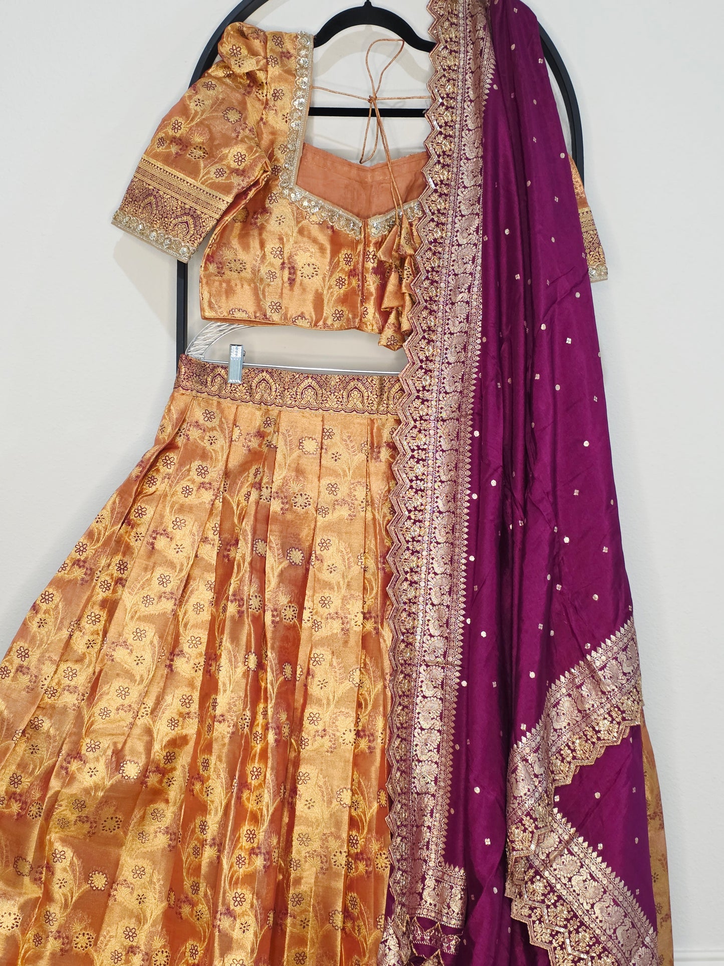 Peach Copper Gold Semi Kanchi Tissue Half Saree Set with Wine Purple Benarasi Cutwork Dupatta