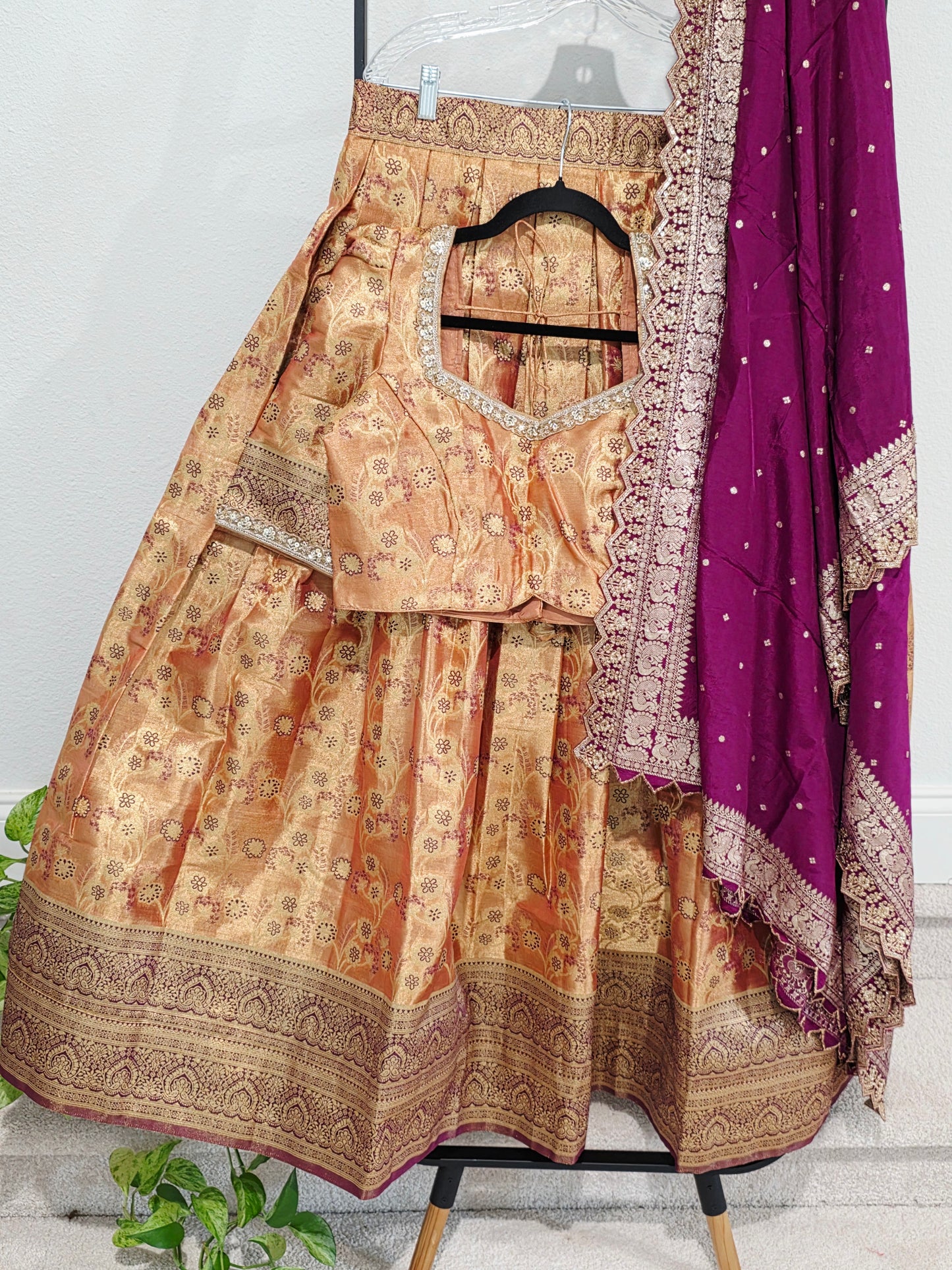 Peach Copper Gold Semi Kanchi Tissue Half Saree Set with Wine Purple Benarasi Cutwork Dupatta