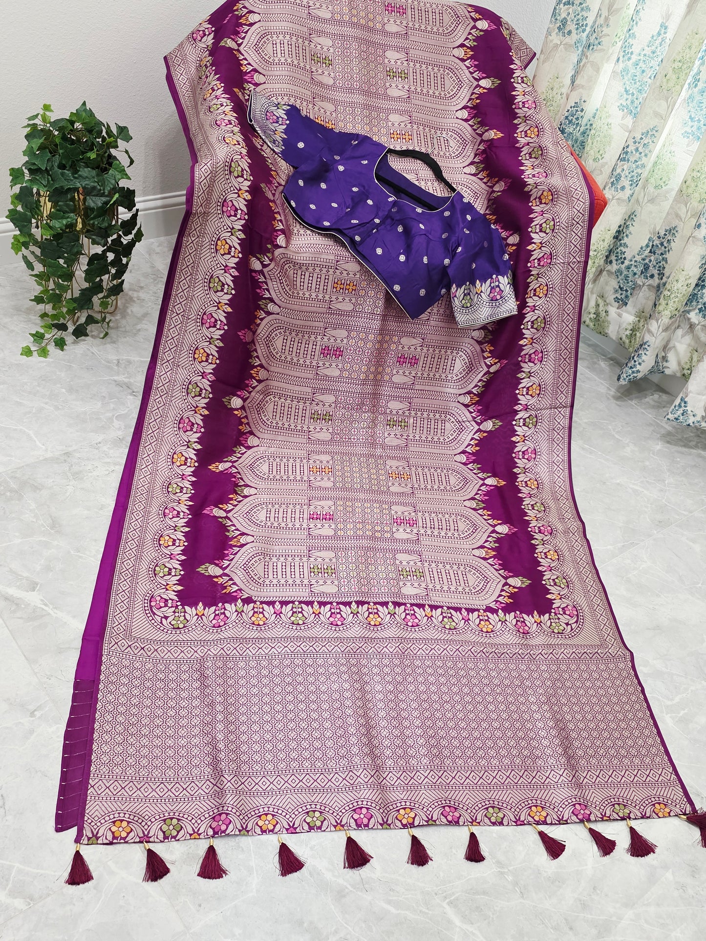Royal Plum Purple Chanderi Linen Tussar Saree with Stitched Blouse