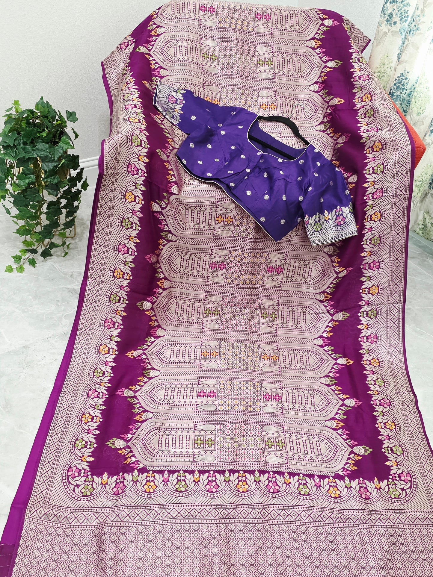 Royal Plum Purple Chanderi Linen Tussar Saree with Stitched Blouse