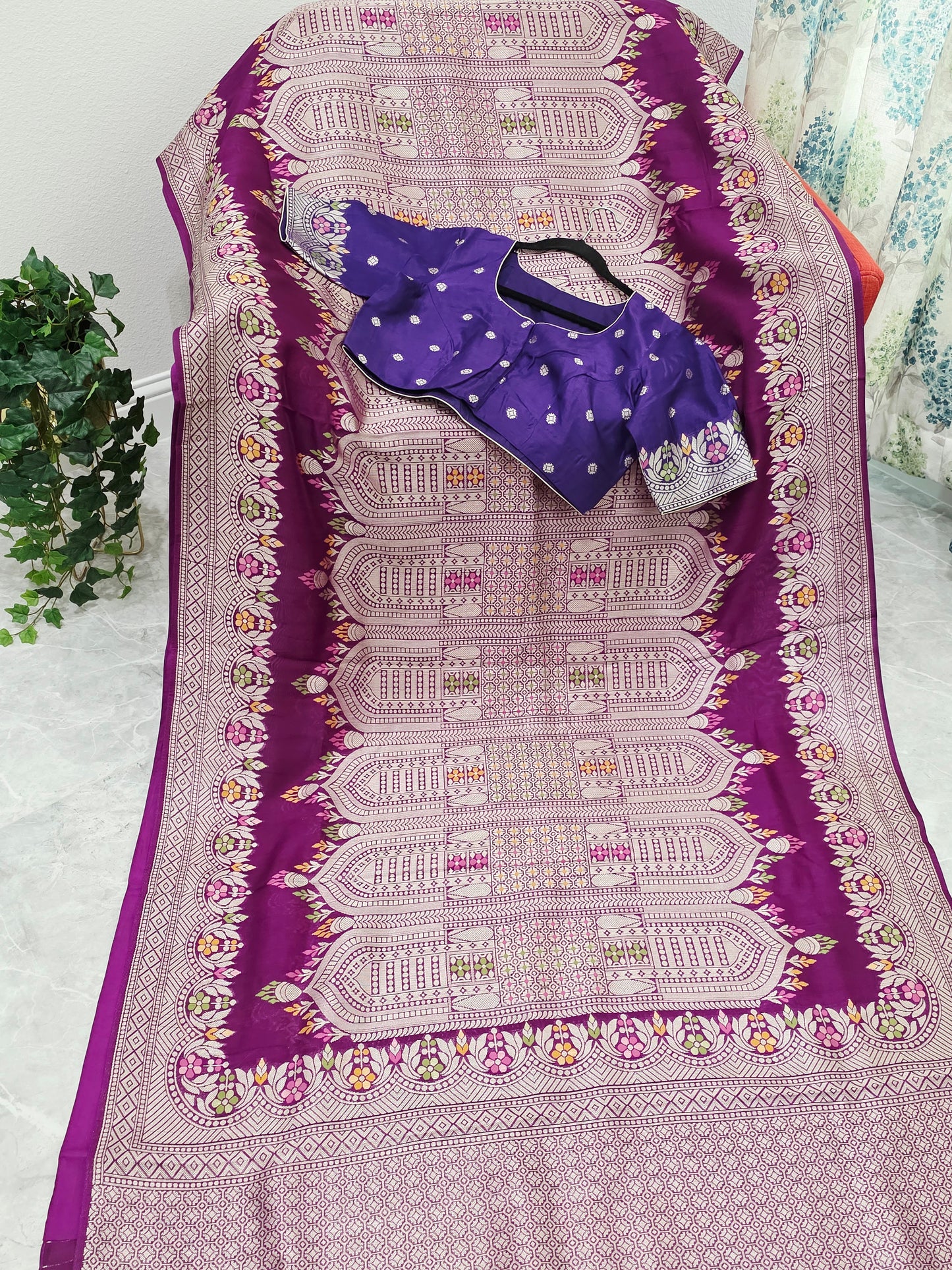 Royal Plum Purple Chanderi Linen Tussar Saree with Stitched Blouse