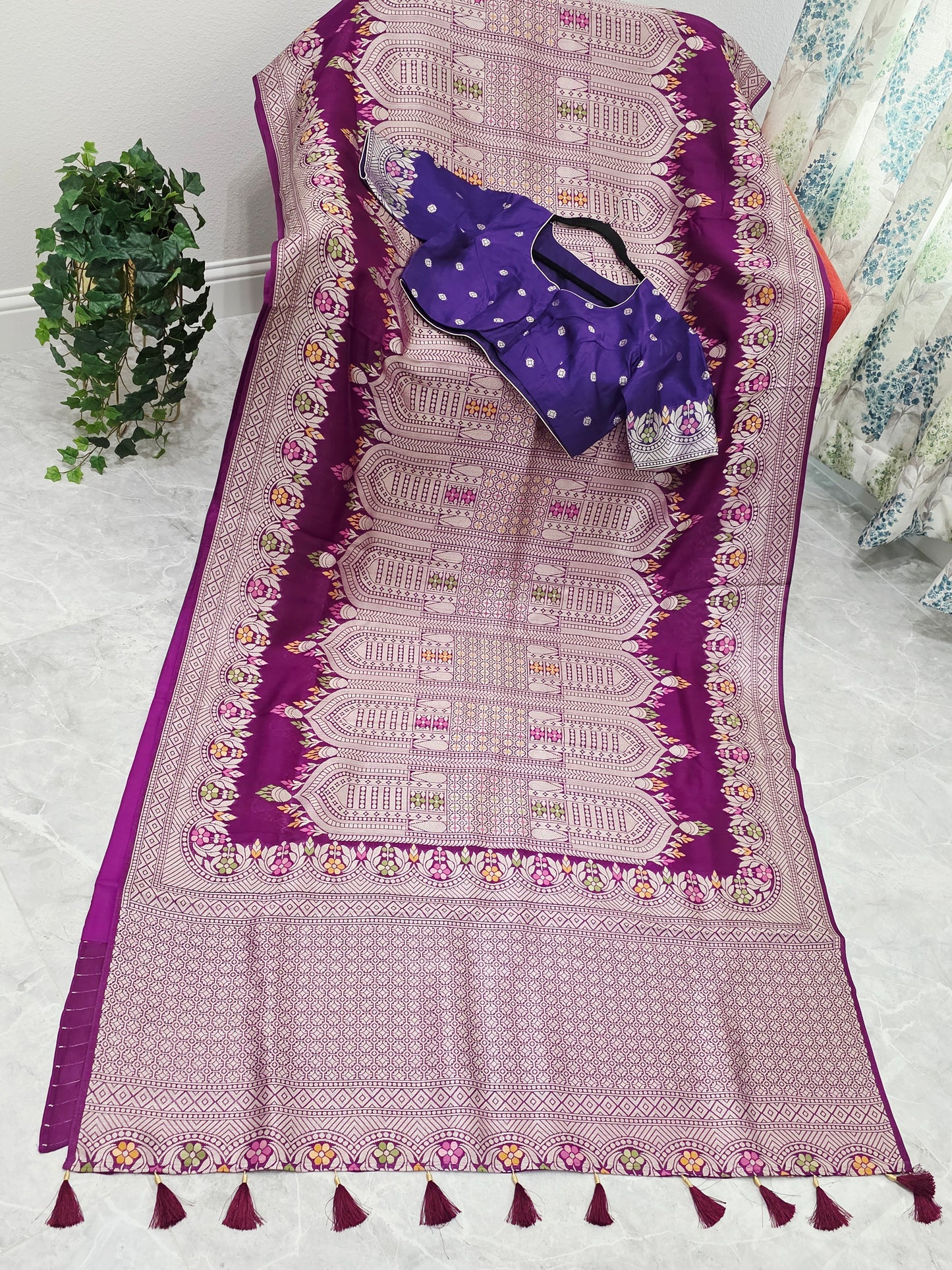 Royal Plum Purple Chanderi Linen Tussar Saree with Stitched Blouse
