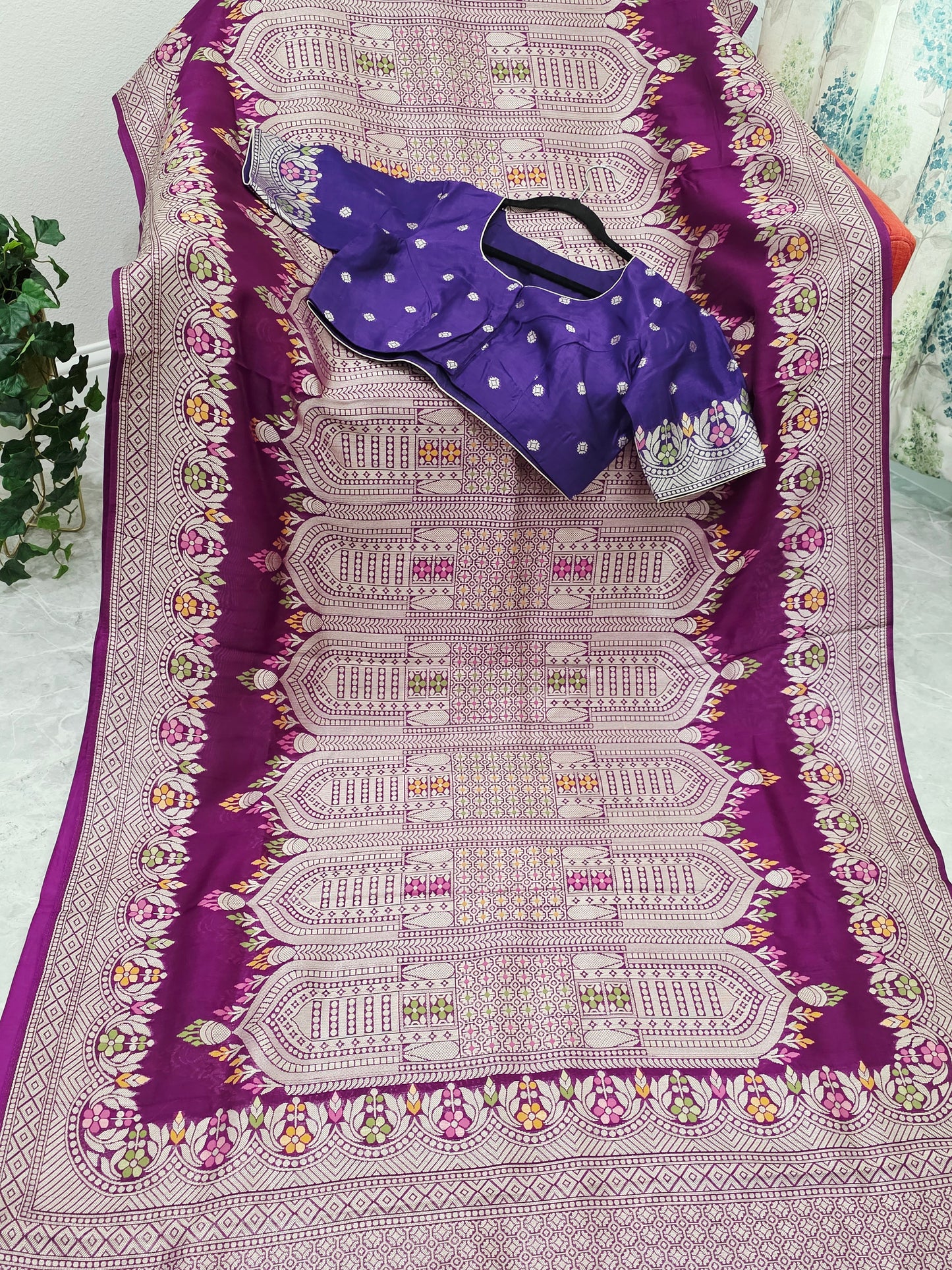 Royal Plum Purple Chanderi Linen Tussar Saree with Stitched Blouse