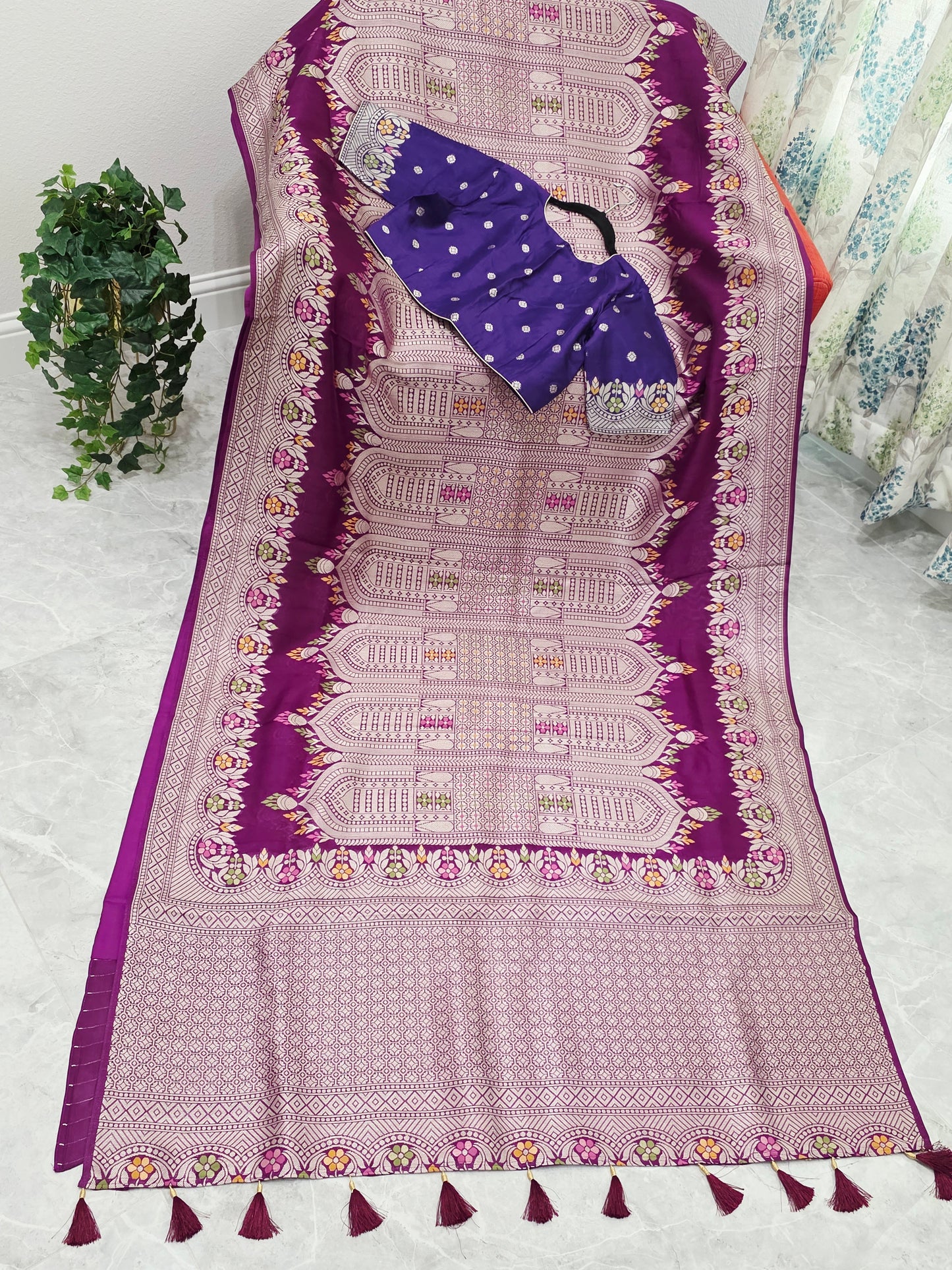 Royal Plum Purple Chanderi Linen Tussar Saree with Stitched Blouse