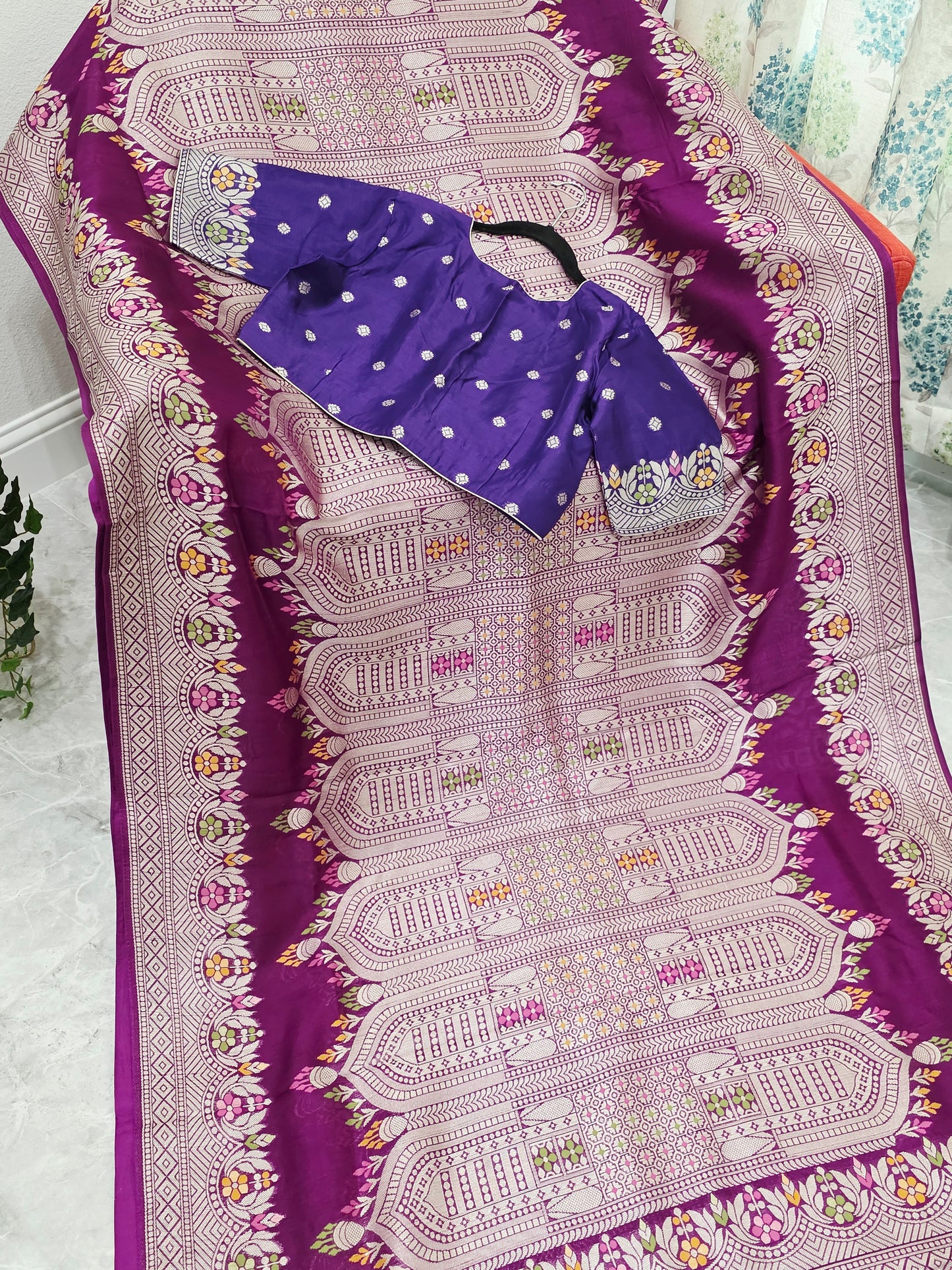 Royal Plum Purple Chanderi Linen Tussar Saree with Stitched Blouse