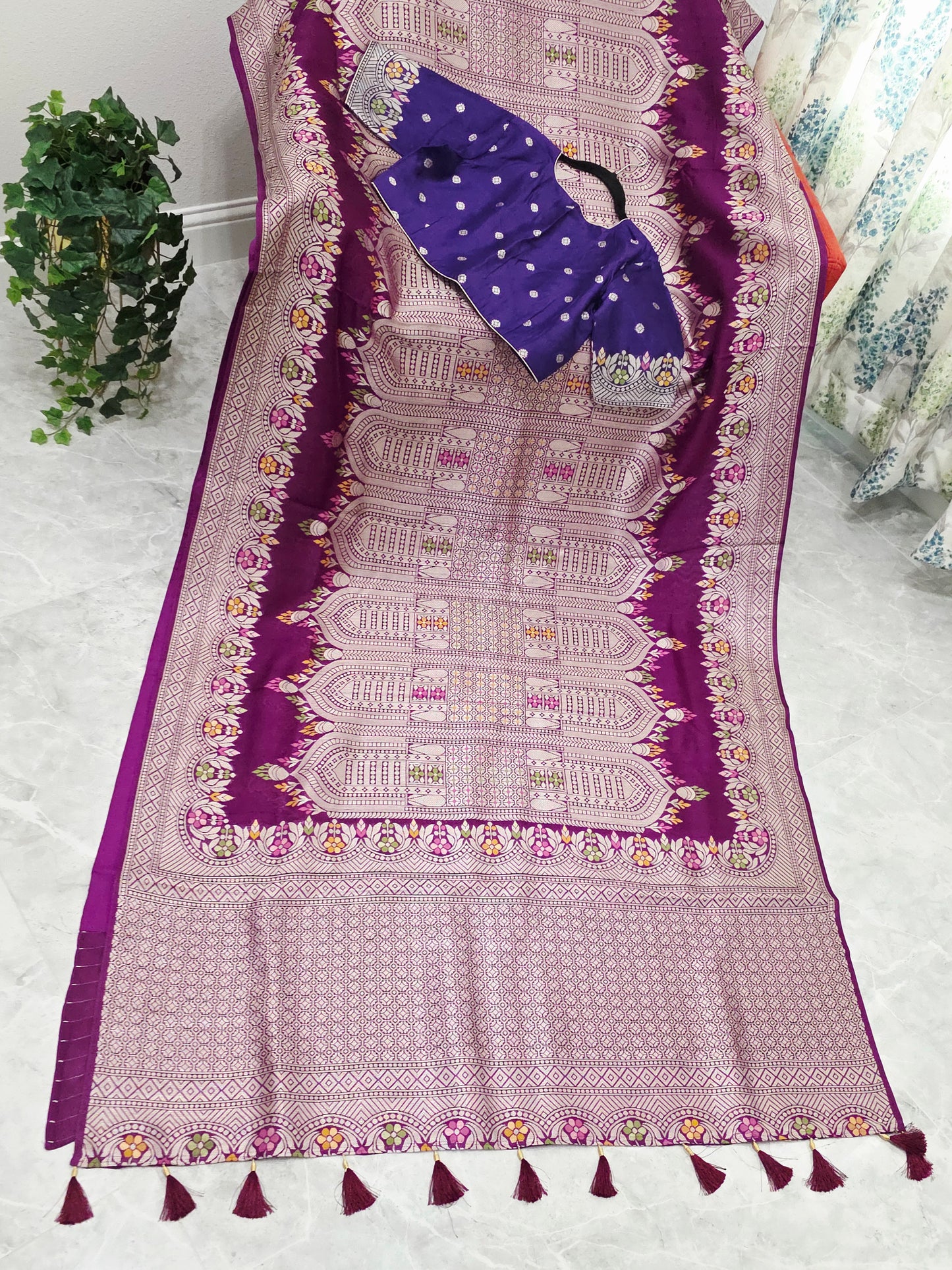 Royal Plum Purple Chanderi Linen Tussar Saree with Stitched Blouse