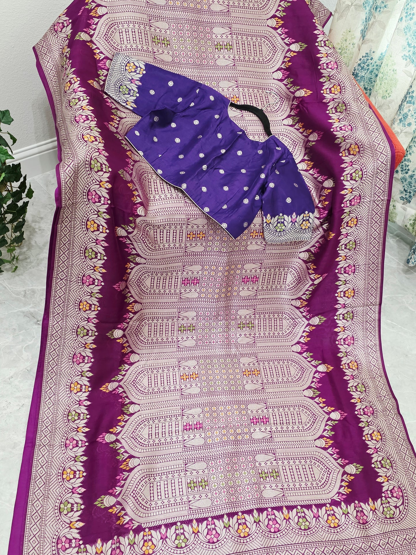 Royal Plum Purple Chanderi Linen Tussar Saree with Stitched Blouse